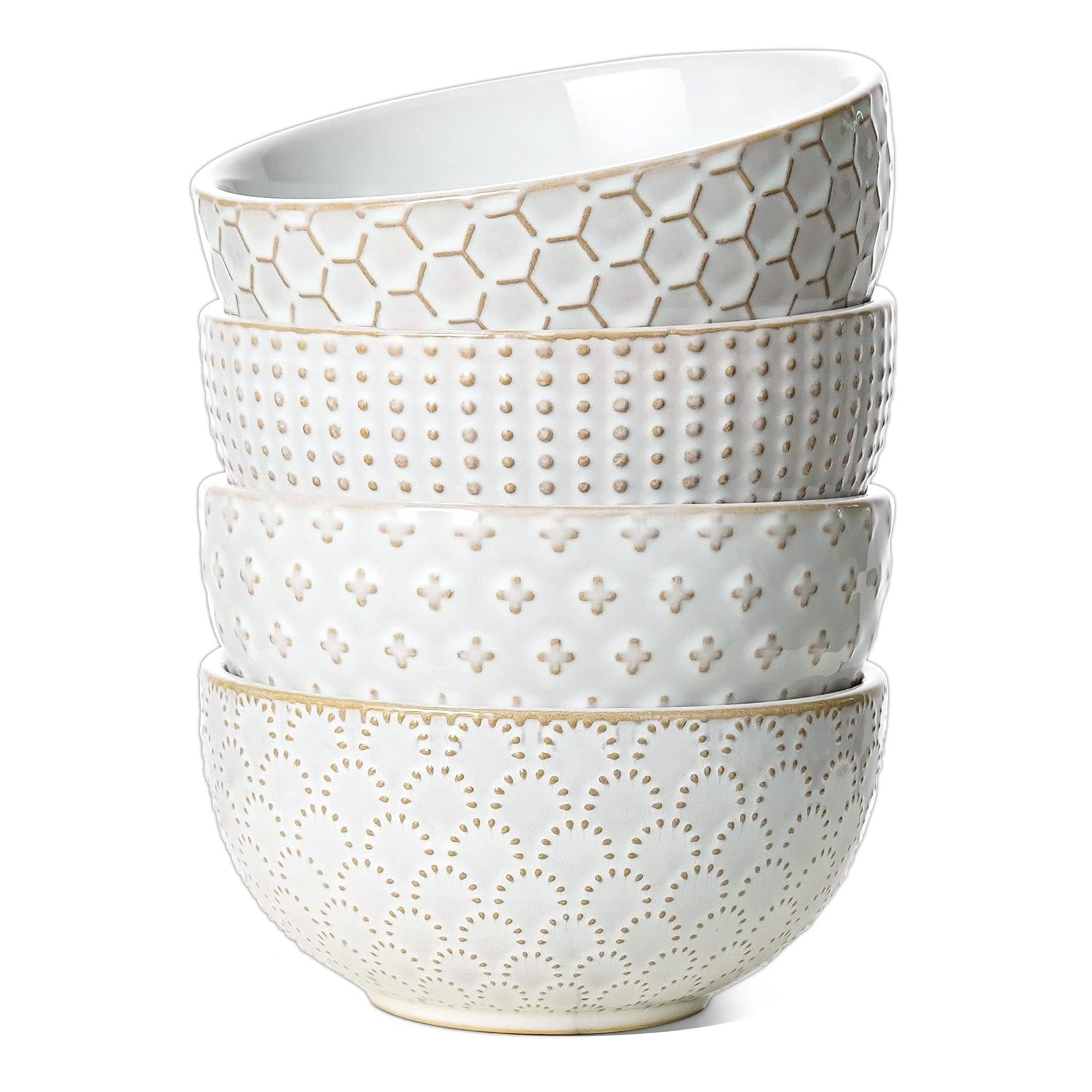 LE TAUCI Cereal bowls 26 oz, Ceramic Soup Bowl for Kitchen, Embossment Stoneware Bowl for Pho, Chip, Fruits, Salad, Noodle, Ramen, Suit For Housewarming - 6 Inch, Set of 4, Arctic white
