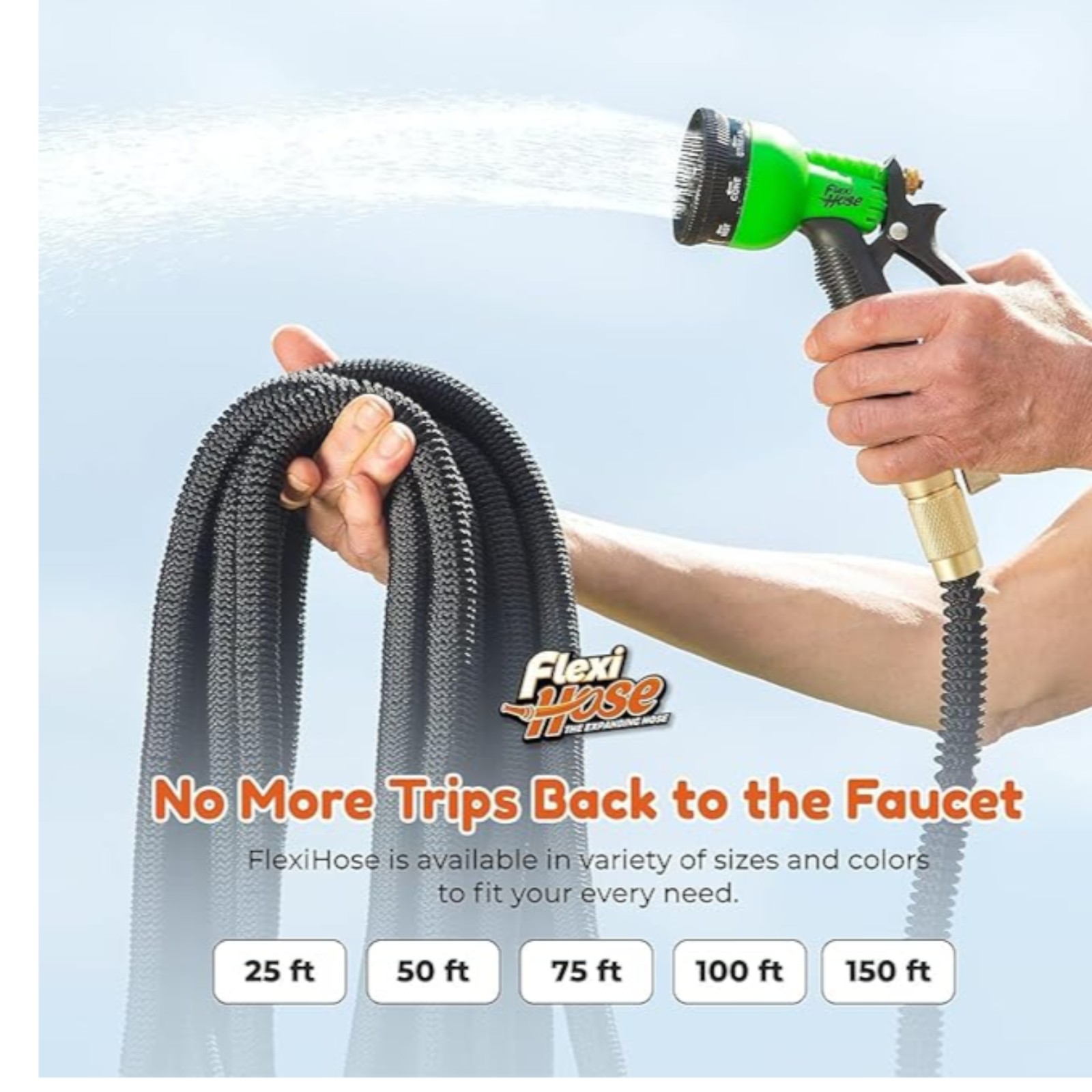 Flexi Hose with 8 Function Nozzle, 50FT - Lightweight Expandable Garden Hose, No-Kink Flexibility, 3/4 Inch Solid Brass Fittings and Double Latex Core