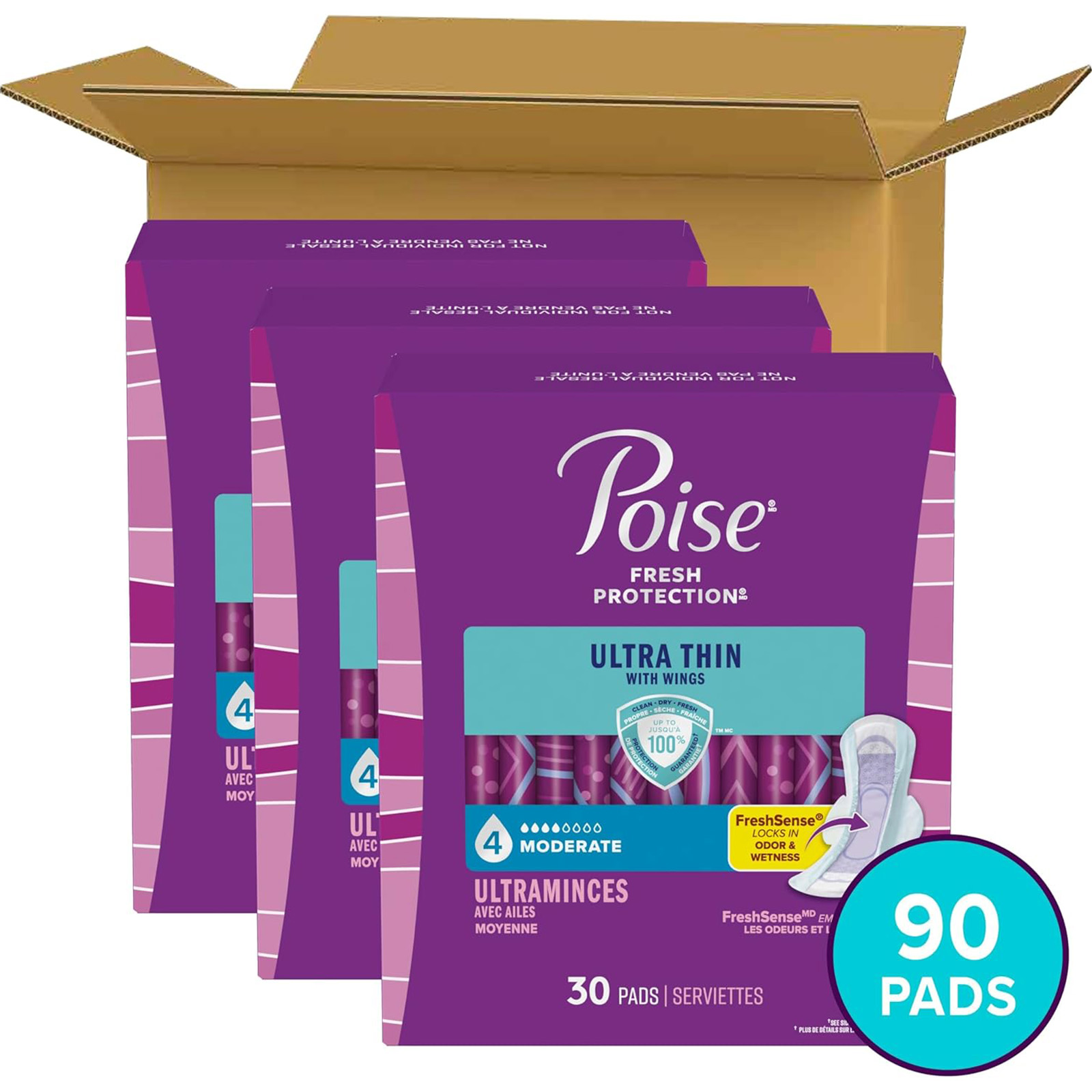 Poise Ultra Thin Incontinence Pads with Wings for Women, Moderate, 90 Count