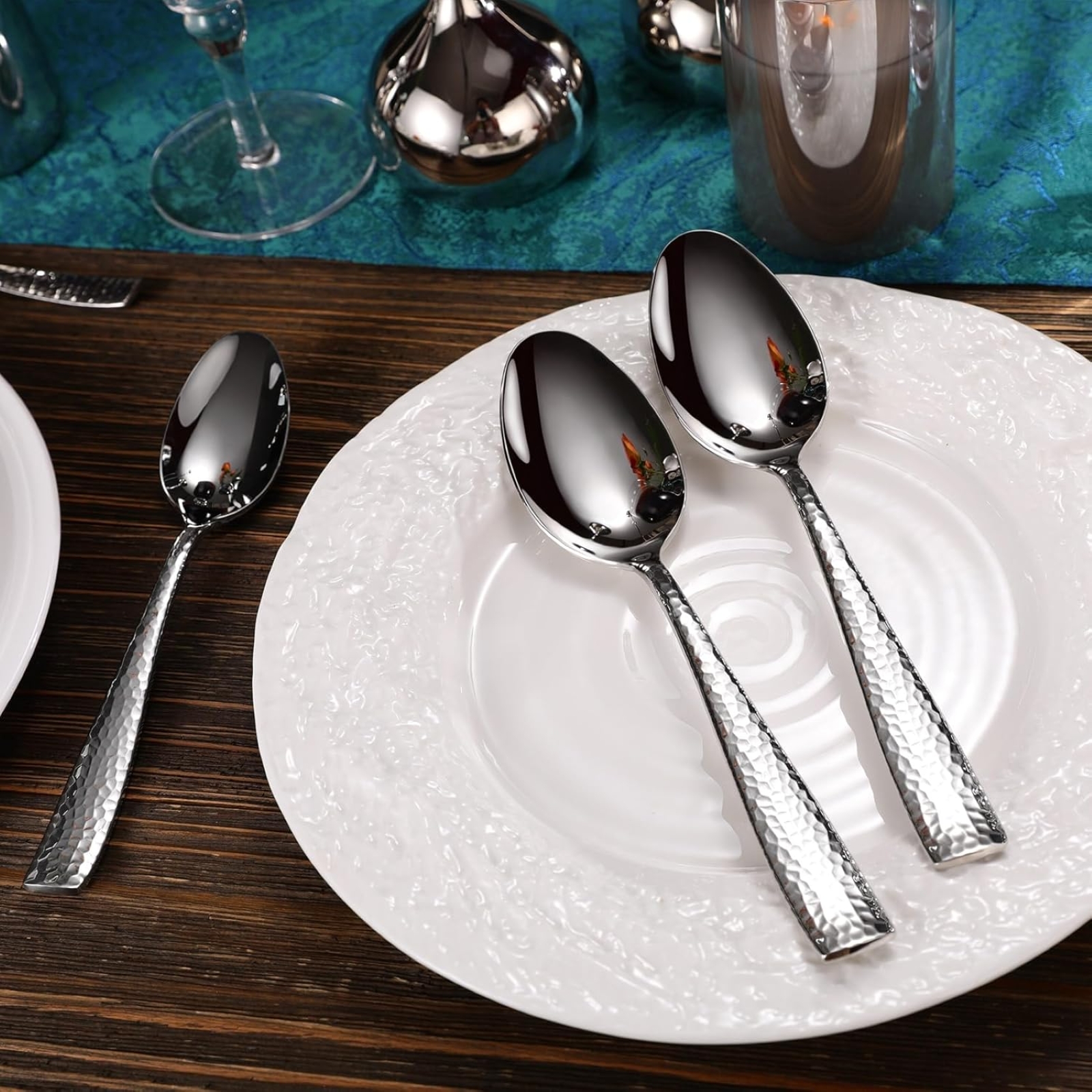 KEAWELL Premium Louis Hammered Serving Utensils, 18/10 Stainless Steel, Squared Edge Design, Mirror Finish, Dishwasher Safe (Hostess Serving Utensil Set)