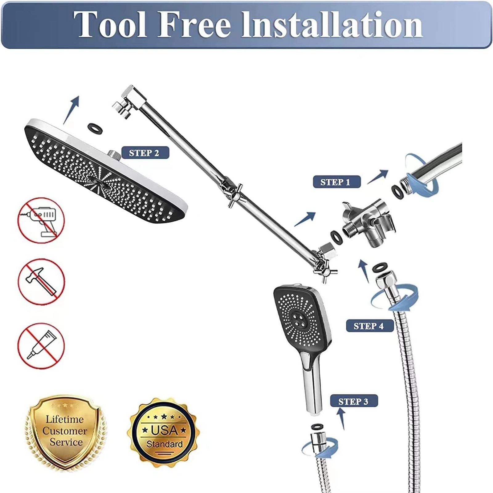 12 Inch Shower Head With Handheld Combo, High-Pressure Rain/Rainfall Shower Heads With 3+1 Settings Handheld Spray, Including 3-Way Diverter, Extension Arm - Height/Angle Adjustable(Chrome)