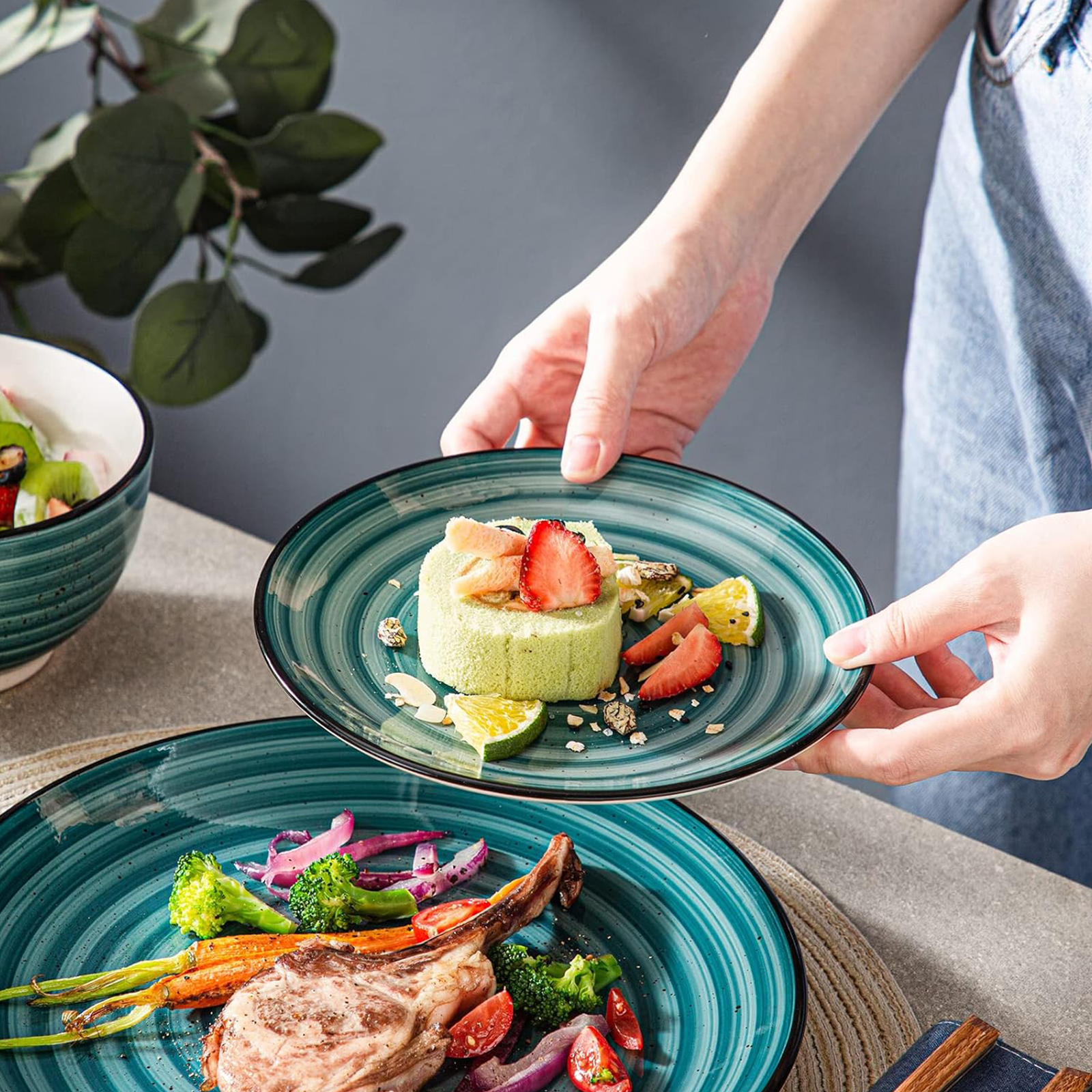 vancasso Bonbon Green Dinnerware Set 24 Pieces Stoneware, Handpainted Spirals Pattern Ceramic Combination Set with Dinner Plate/Dessert Plate/Soup Plate/Bowl, Service for 6