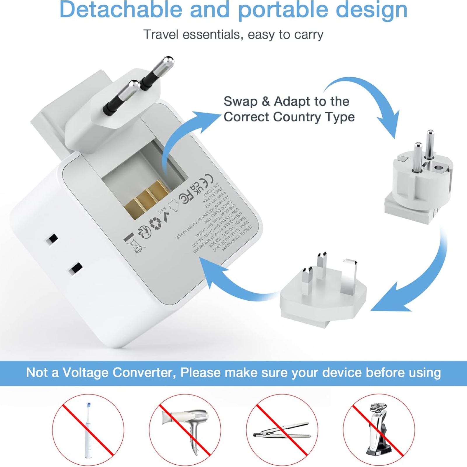 TESSAN All European UK Travel Plug Adapter Kit, International Detachable with 3 Outlet 3 USB Charger (1 USB C), Type C/G/E/F EU Ireland Power Adaptor, US to Europe Italy Spain France Greece