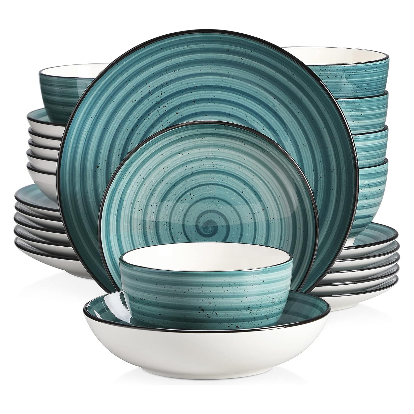 vancasso Bonbon Green Dinnerware Set 24 Pieces Stoneware, Handpainted Spirals Pattern Ceramic Combination Set with Dinner Plate/Dessert Plate/Soup Plate/Bowl, Service for 6