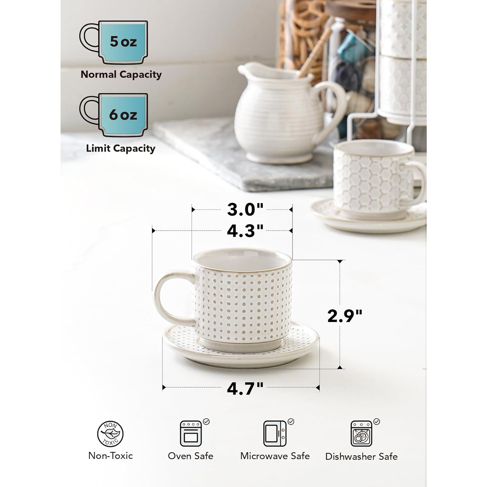 LE TAUCI Stackable Espresso Cups with Saucers and Stand, Set of 4, Arctic white