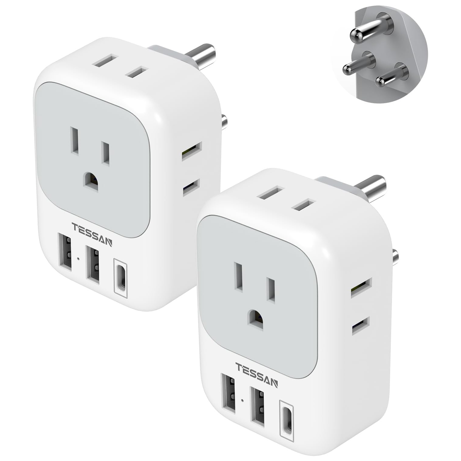 India Plug Adapter 2 Pack, TESSAN Type D Travel Adapter with 4 Outlets 3 USB Charger (1 USB C Port), US to Indian Outlet Adaptor for USA to Bangladesh, India, Kuwait, Maldives
