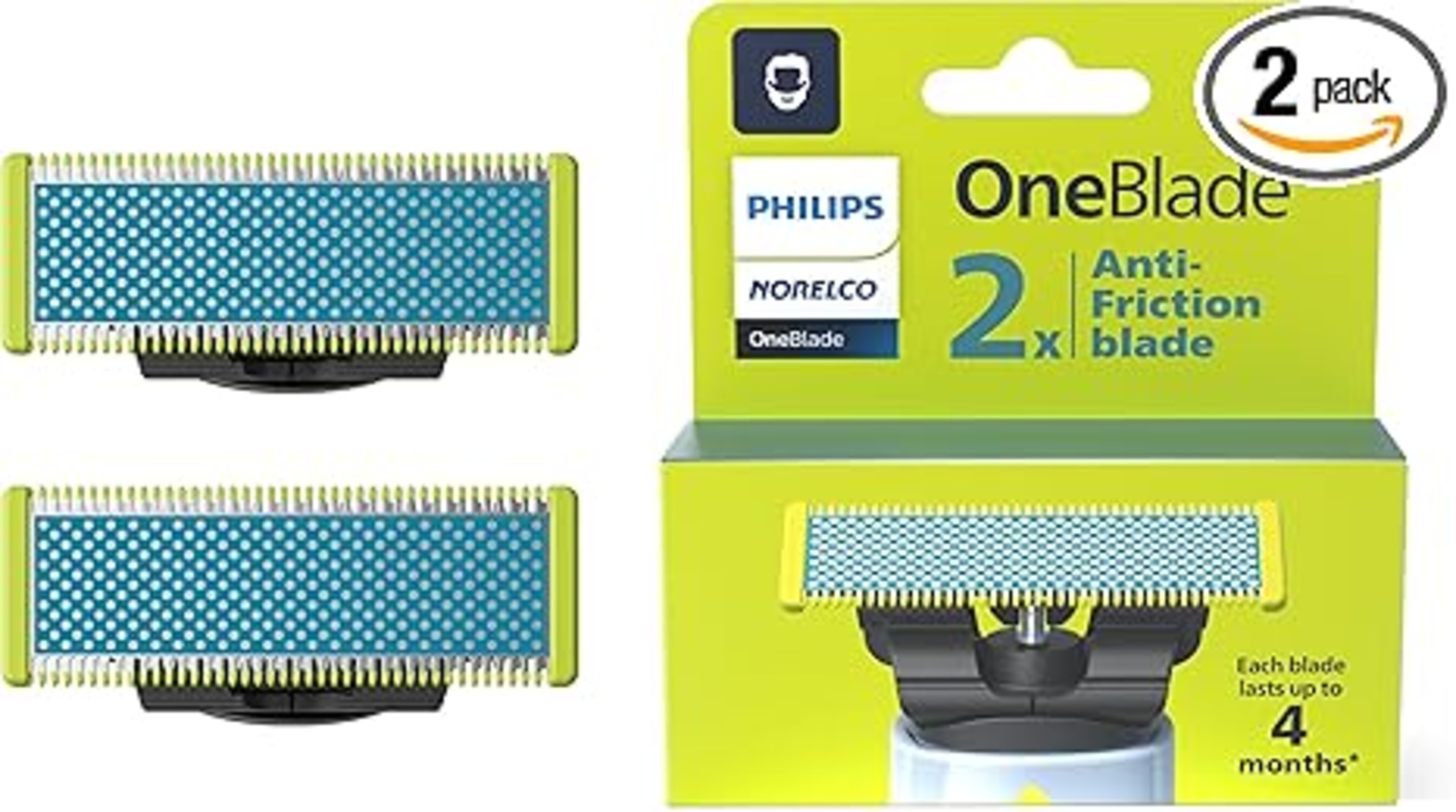 Philips Norelco OneBlade Anti Friction Blade, Genuine Replacement Blade for OneBlade Electric Shaver and Trimmer, Durable Stainless Steel, Trim, Edge and Shave, 2 Pack, QP225/80