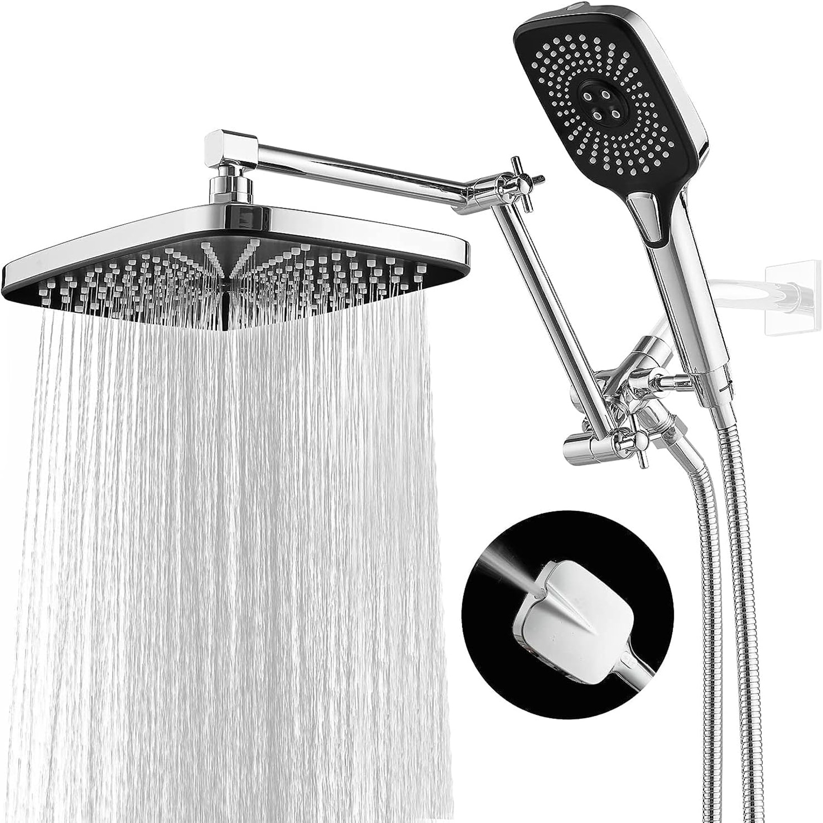 12 Inch Shower Head With Handheld Combo, High-Pressure Rain/Rainfall Shower Heads With 3+1 Settings Handheld Spray, Including 3-Way Diverter, Extension Arm - Height/Angle Adjustable(Chrome)