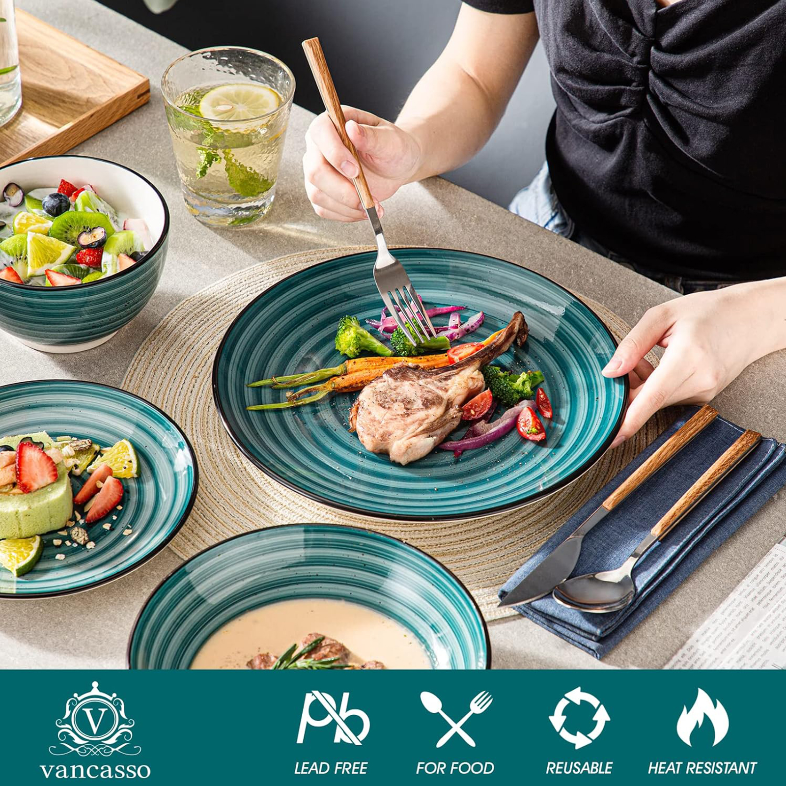 vancasso Bonbon Green Dinnerware Set 24 Pieces Stoneware, Handpainted Spirals Pattern Ceramic Combination Set with Dinner Plate/Dessert Plate/Soup Plate/Bowl, Service for 6
