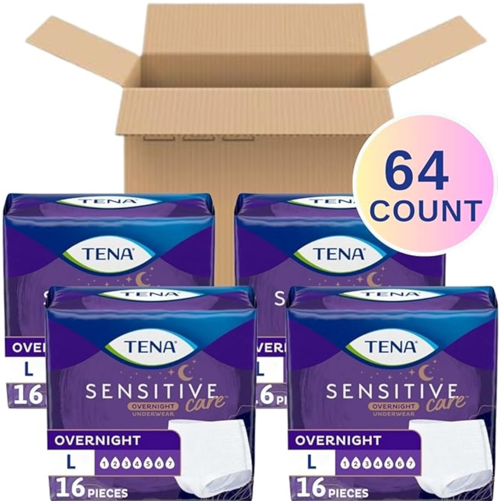 TENA Sensitive Care Overnight Incontinence Underwear for Women, Large, 64 Count (New Sizing)