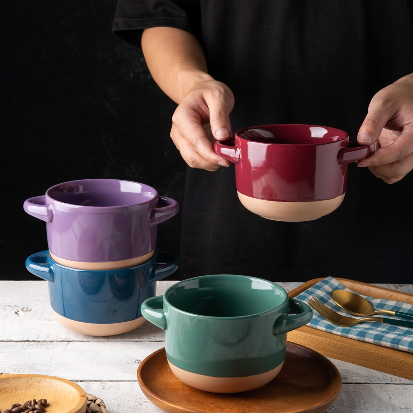 AmorArc 24 Ounces Soup Bowls with Large Handles and Lids, Stoneware Bowls Set of 4 for Soup, Cereal, Stew, Noodle, Colourful Ceramic Kitchen Bowls, Microwave&Dishwasher Safe, Multicolor