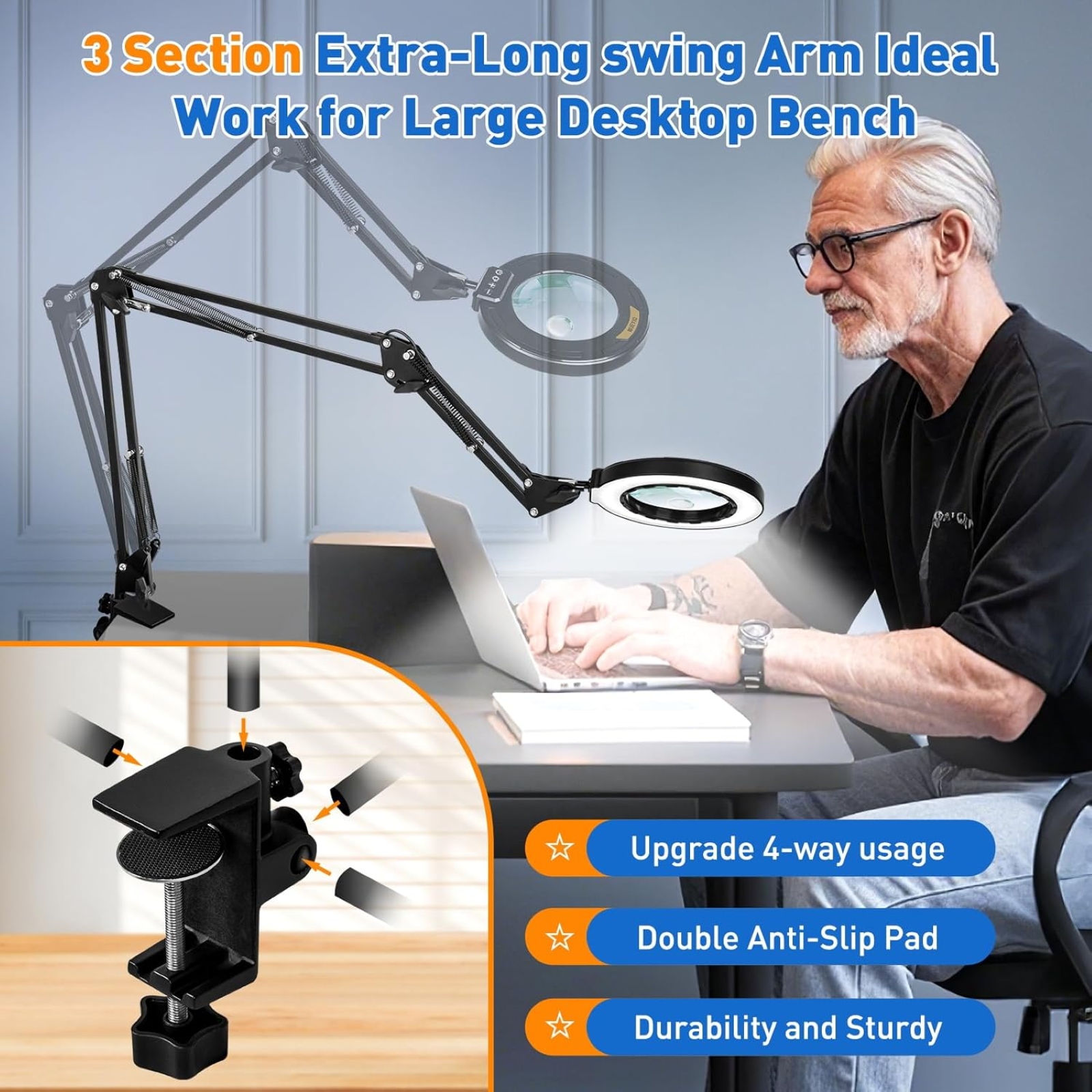 Ultra Long 3-Section Swing Arm 12X Magnifying Glass with Light and Stand, 4-way Large Strong Metal Clamp Lighted Magnifier Lamp, 5 Color Modes LED Magnifying Lamp for Workbench, Crafting, Hobby
