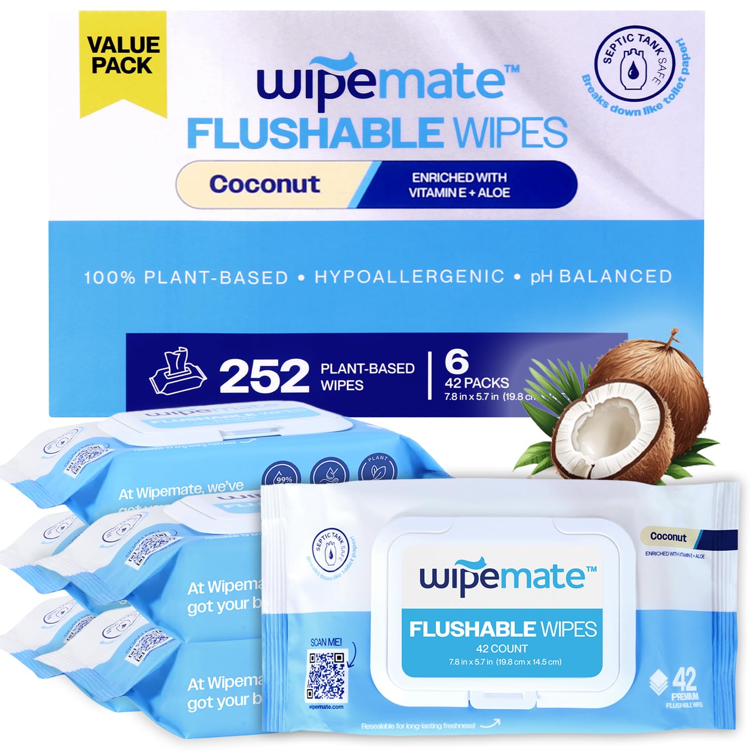 Wipemate Ultra Flushable Butt Wipes - Soothing Vitamin E & Aloe - Coconut Scent - 6 Premium Flip Top Packs - 42 Wipes Per Pack - 252 count