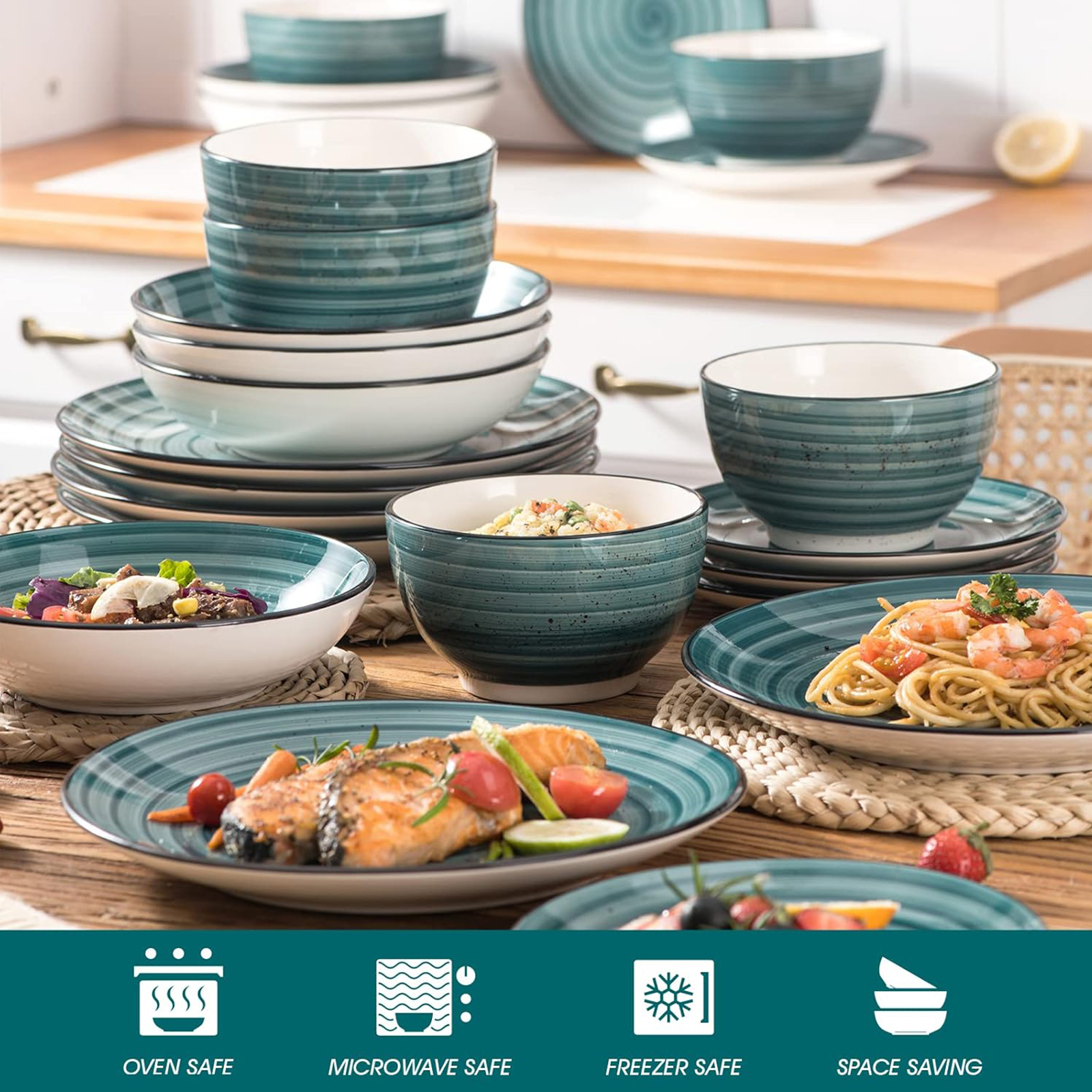 vancasso Bonbon Green Dinnerware Set 24 Pieces Stoneware, Handpainted Spirals Pattern Ceramic Combination Set with Dinner Plate/Dessert Plate/Soup Plate/Bowl, Service for 6