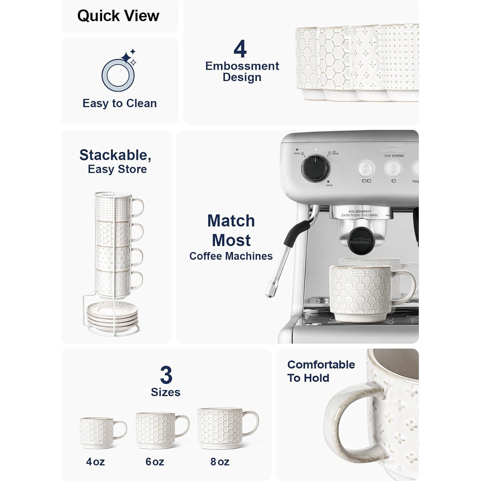 LE TAUCI Stackable Espresso Cups with Saucers and Stand, Set of 4, Arctic white
