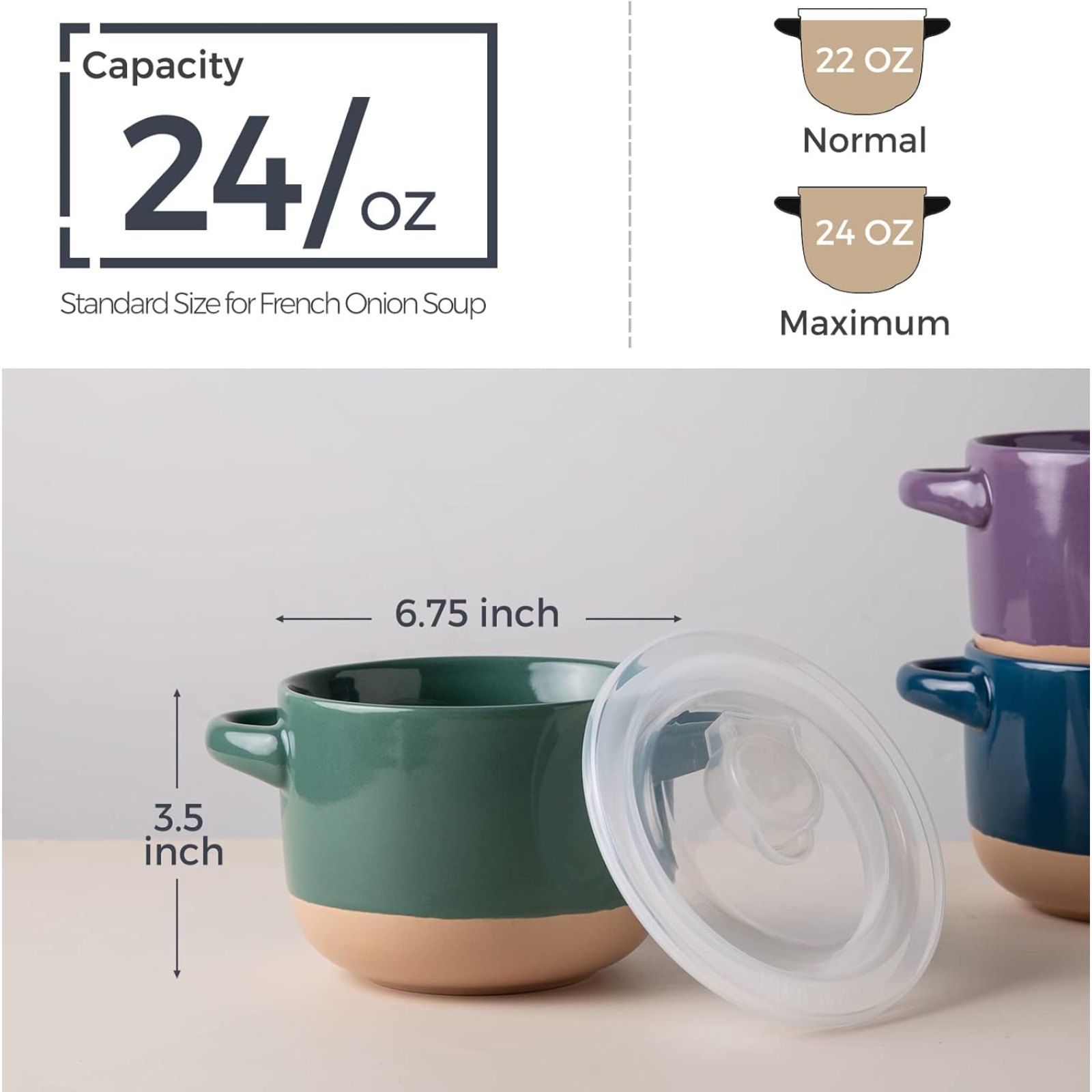 AmorArc 24 Ounces Soup Bowls with Large Handles and Lids, Stoneware Bowls Set of 4 for Soup, Cereal, Stew, Noodle, Colourful Ceramic Kitchen Bowls, Microwave&Dishwasher Safe, Multicolor