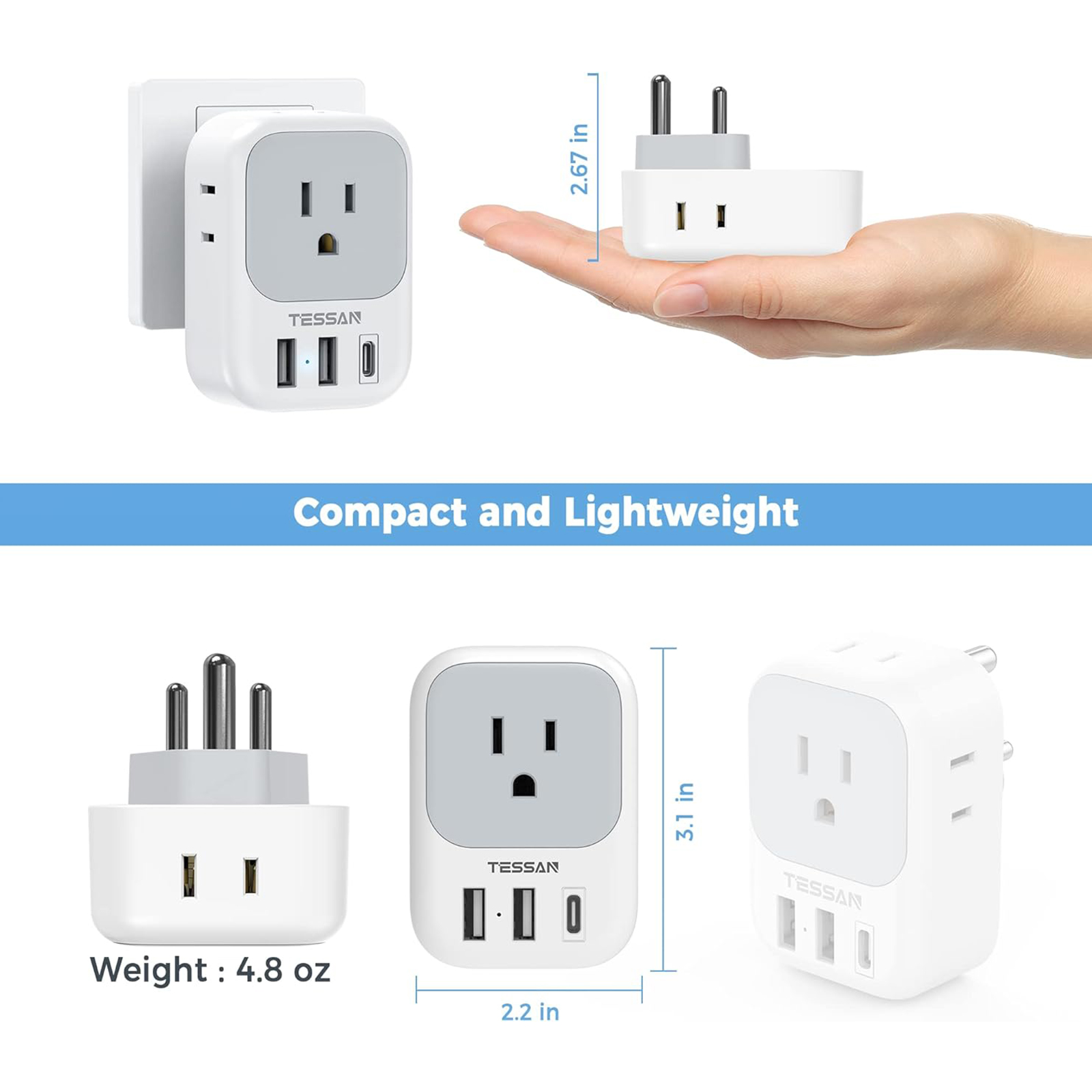 India Plug Adapter 2 Pack, TESSAN Type D Travel Adapter with 4 Outlets 3 USB Charger (1 USB C Port), US to Indian Outlet Adaptor for USA to Bangladesh, India, Kuwait, Maldives