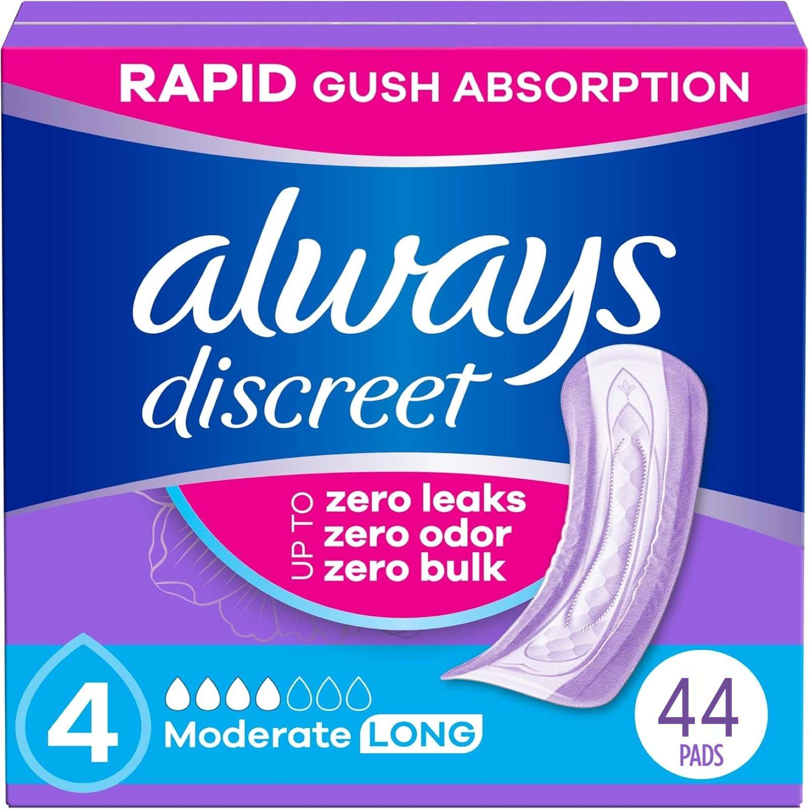 Always Discreet Adult Incontinence Pads for Women, Moderate Absorbency, Long Length, Postpartum Pads, 44 CT
