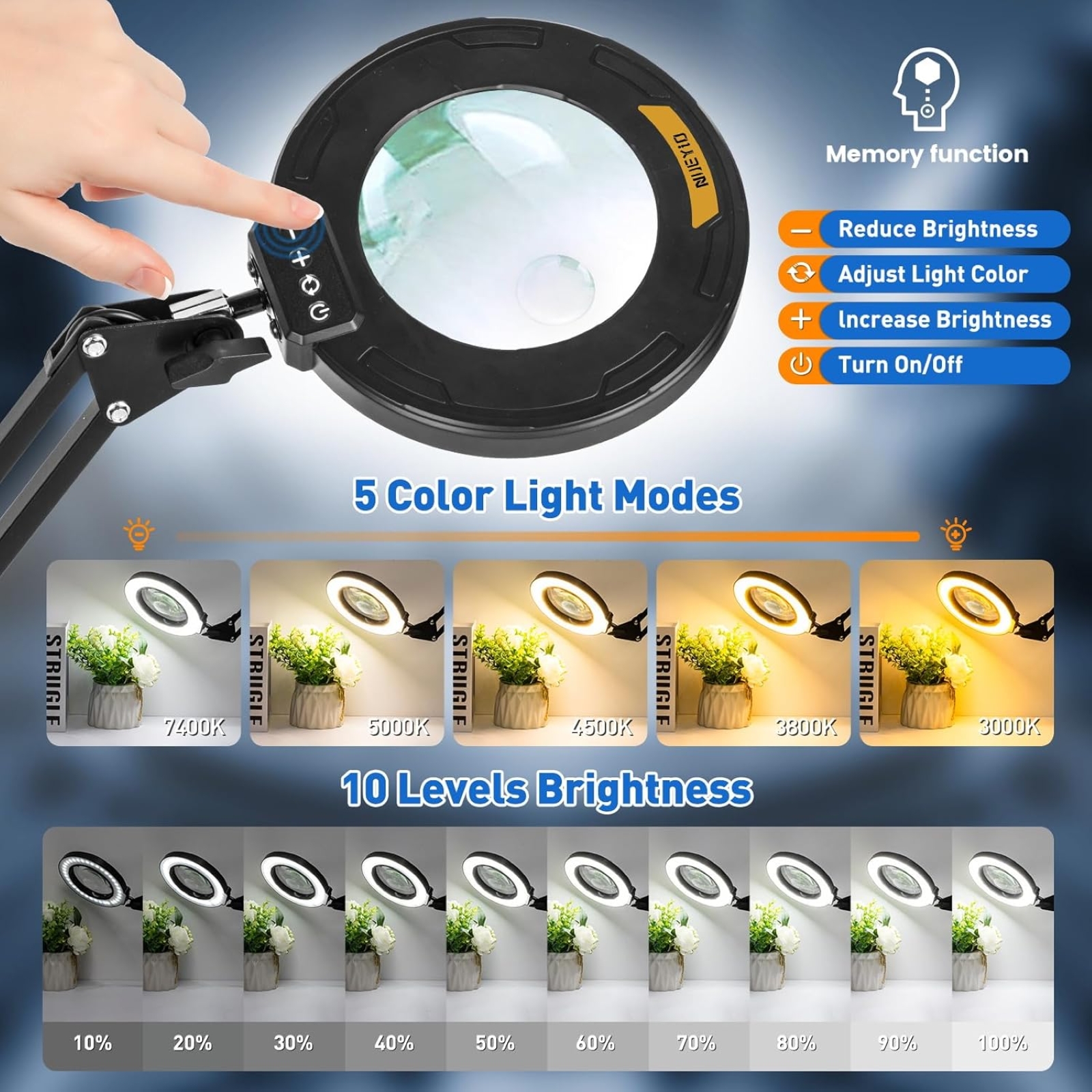 Ultra Long 3-Section Swing Arm 12X Magnifying Glass with Light and Stand, 4-way Large Strong Metal Clamp Lighted Magnifier Lamp, 5 Color Modes LED Magnifying Lamp for Workbench, Crafting, Hobby