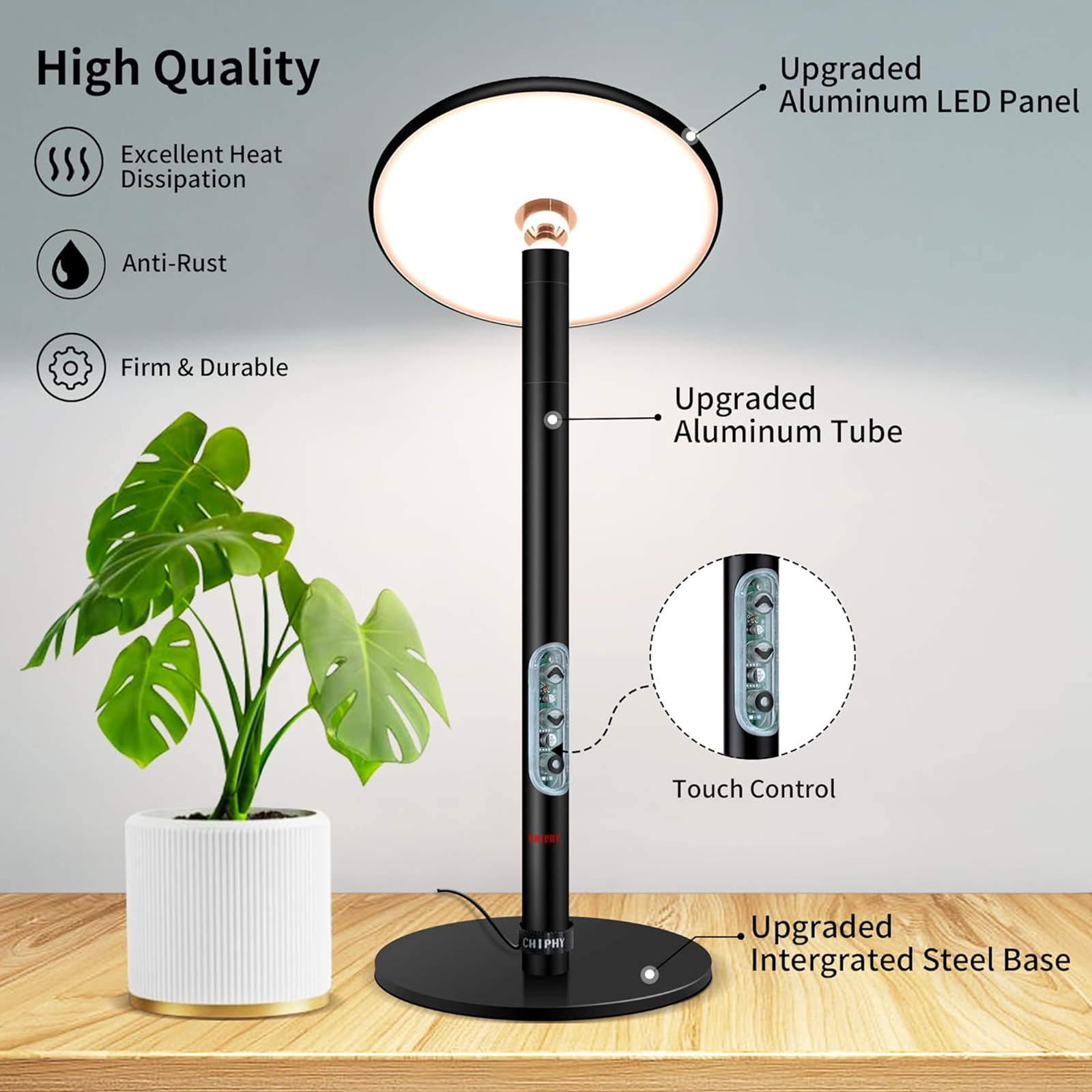 chiphy Grow Lights, Full Spectrum Plant Light for Indoor Plants, 20W Aluminum Grow Lamp for Desktop, 7 Dimmable Brightness, Ideal for Small Succulent Plants