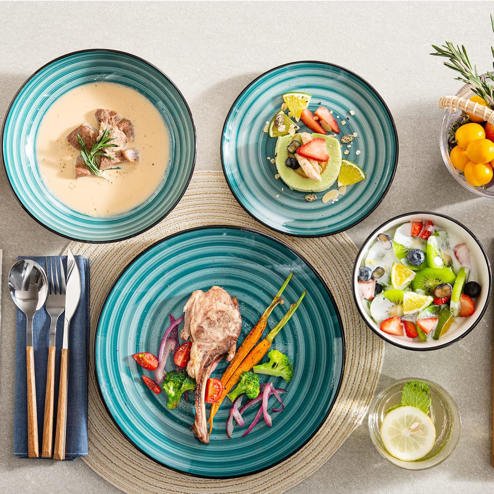 vancasso Bonbon Green Dinnerware Set 24 Pieces Stoneware, Handpainted Spirals Pattern Ceramic Combination Set with Dinner Plate/Dessert Plate/Soup Plate/Bowl, Service for 6