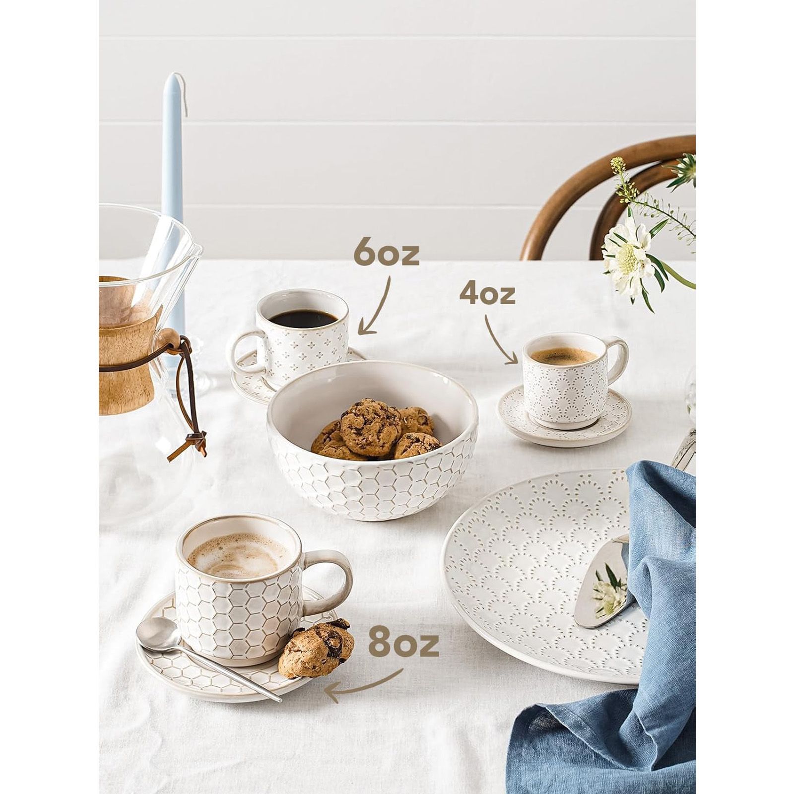LE TAUCI Stackable Espresso Cups with Saucers and Stand, Set of 4, Arctic white