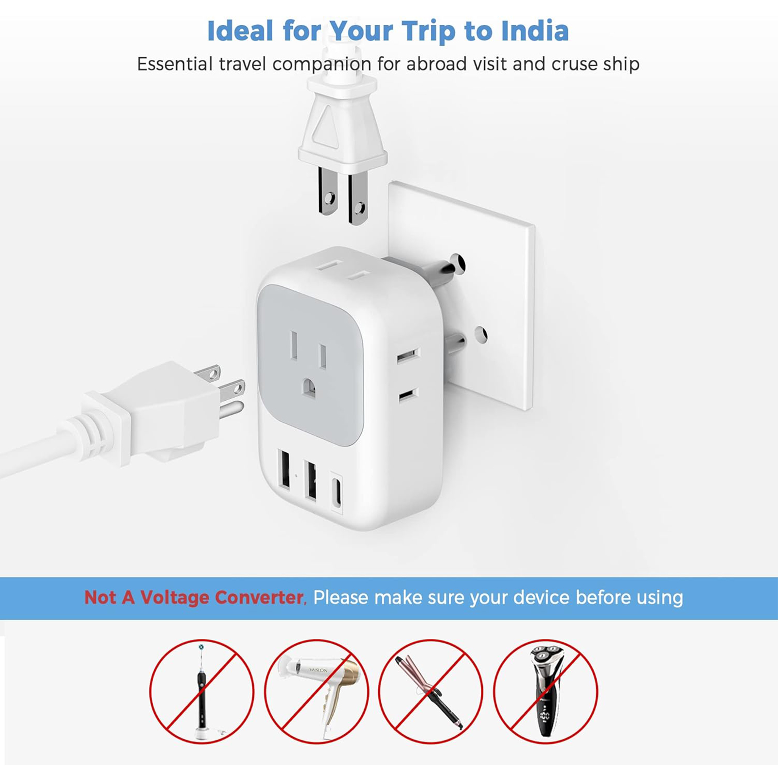 India Plug Adapter 2 Pack, TESSAN Type D Travel Adapter with 4 Outlets 3 USB Charger (1 USB C Port), US to Indian Outlet Adaptor for USA to Bangladesh, India, Kuwait, Maldives