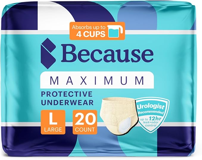 Because Discreet Maximum Adult Incontinence & Postpartum Underwear for Women, High Absorbency, Disposable, Absorbs Up to 4 Cups, Beige, Large, 20