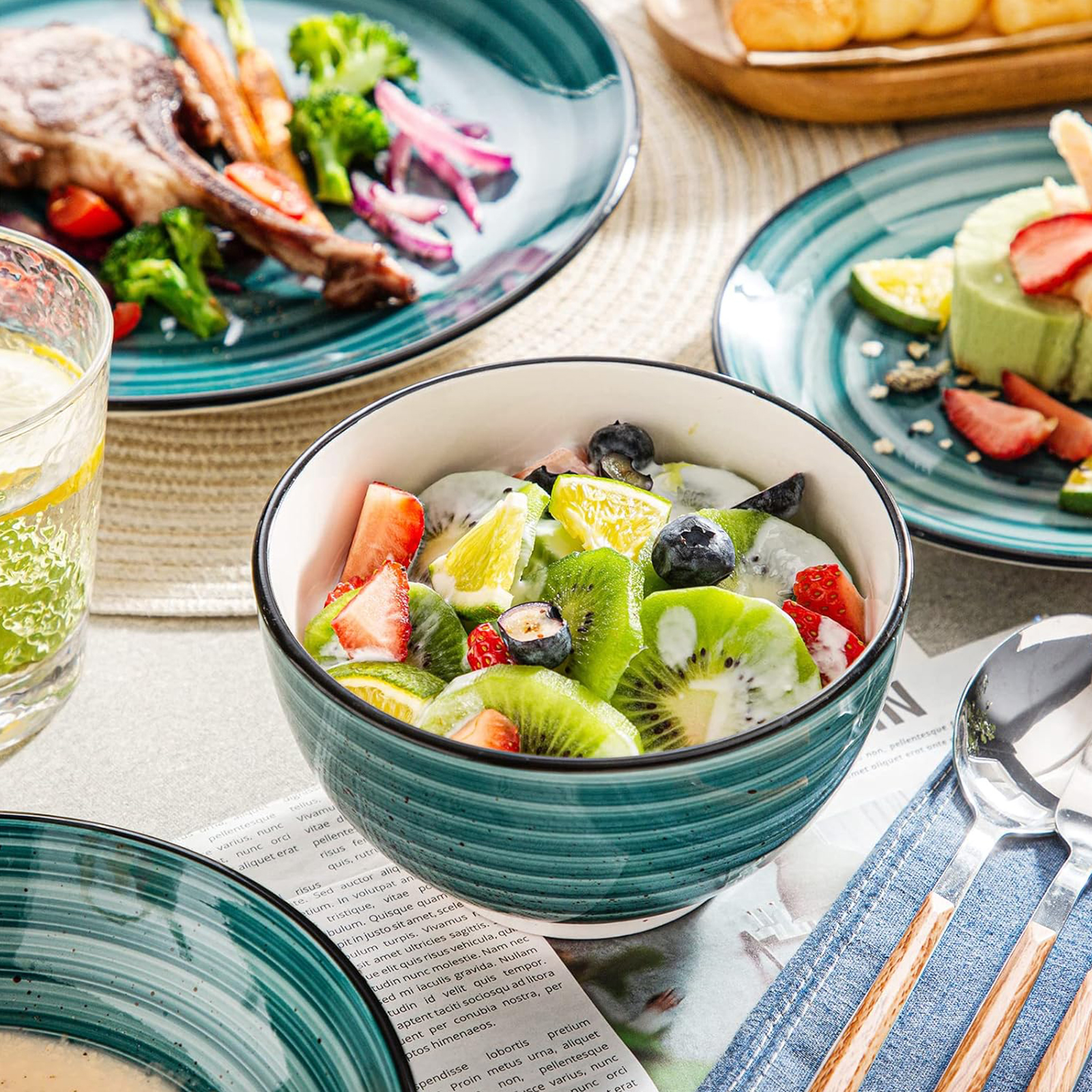 vancasso Bonbon Green Dinnerware Set 24 Pieces Stoneware, Handpainted Spirals Pattern Ceramic Combination Set with Dinner Plate/Dessert Plate/Soup Plate/Bowl, Service for 6