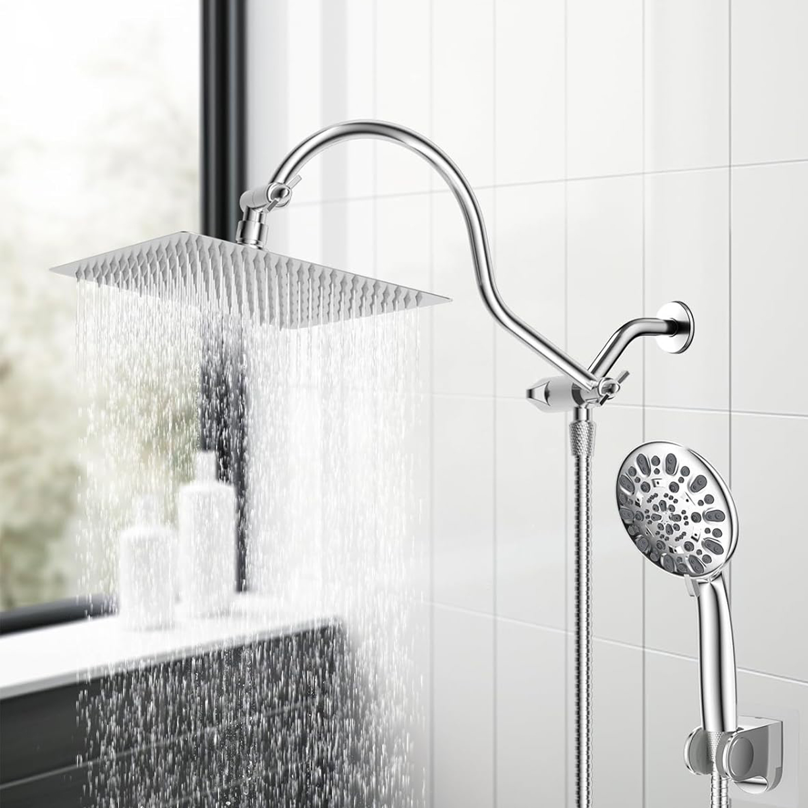 Hibbent 12'' All Metal Shower Head, High Pressure Rainfall Shower Head, Handheld Showerhead Combo, 12'' Adjustable Curved Shower Extension Arm, 7-Spray, 71'' Hose, Adhesive Showerhead Holder, Chrome