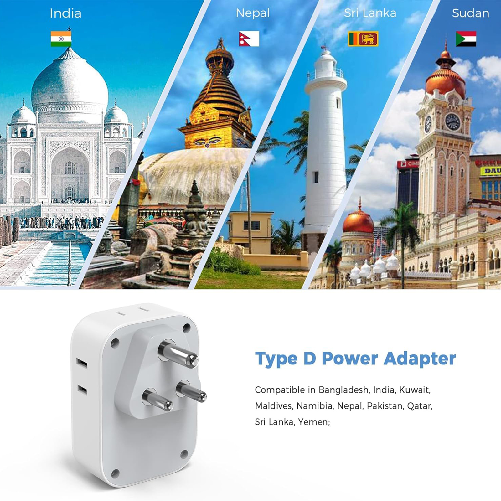 India Plug Adapter 2 Pack, TESSAN Type D Travel Adapter with 4 Outlets 3 USB Charger (1 USB C Port), US to Indian Outlet Adaptor for USA to Bangladesh, India, Kuwait, Maldives