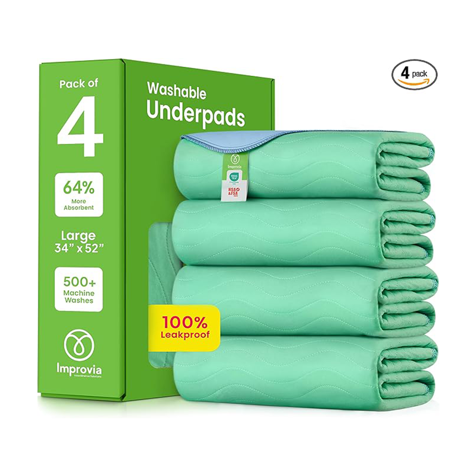 IMPROVIA® Washable Underpads, 34" x 52" (Pack of 4) - Heavy Absorbency Reusable Incontinence Pads for Kids, Adults, Elderly, and Pets - Waterproof Protective Pad for Bed, Couch, Sofa, Furniture, Floor