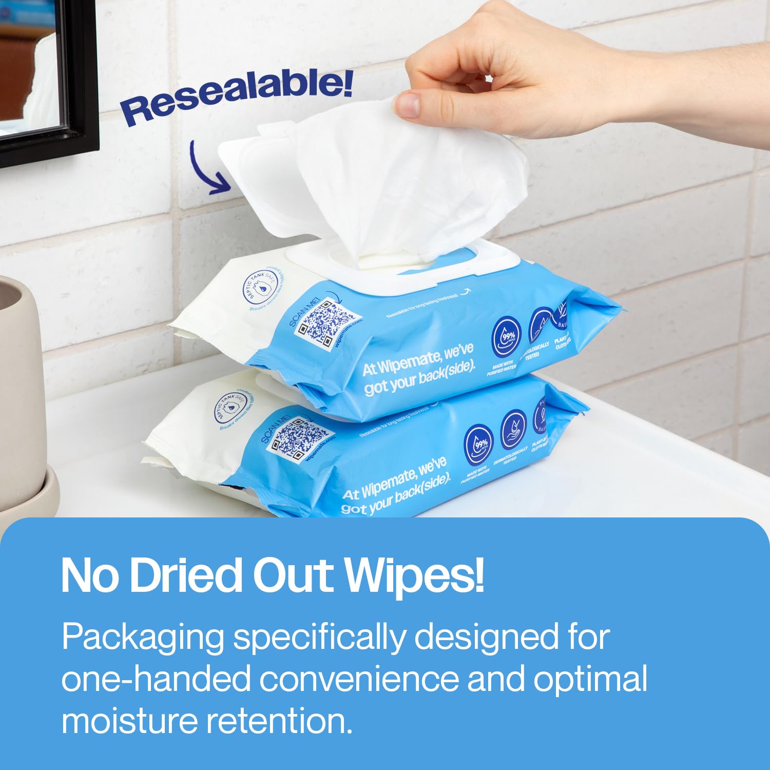 Wipemate Ultra Flushable Butt Wipes - Soothing Vitamin E & Aloe - Coconut Scent - 6 Premium Flip Top Packs - 42 Wipes Per Pack - 252 count