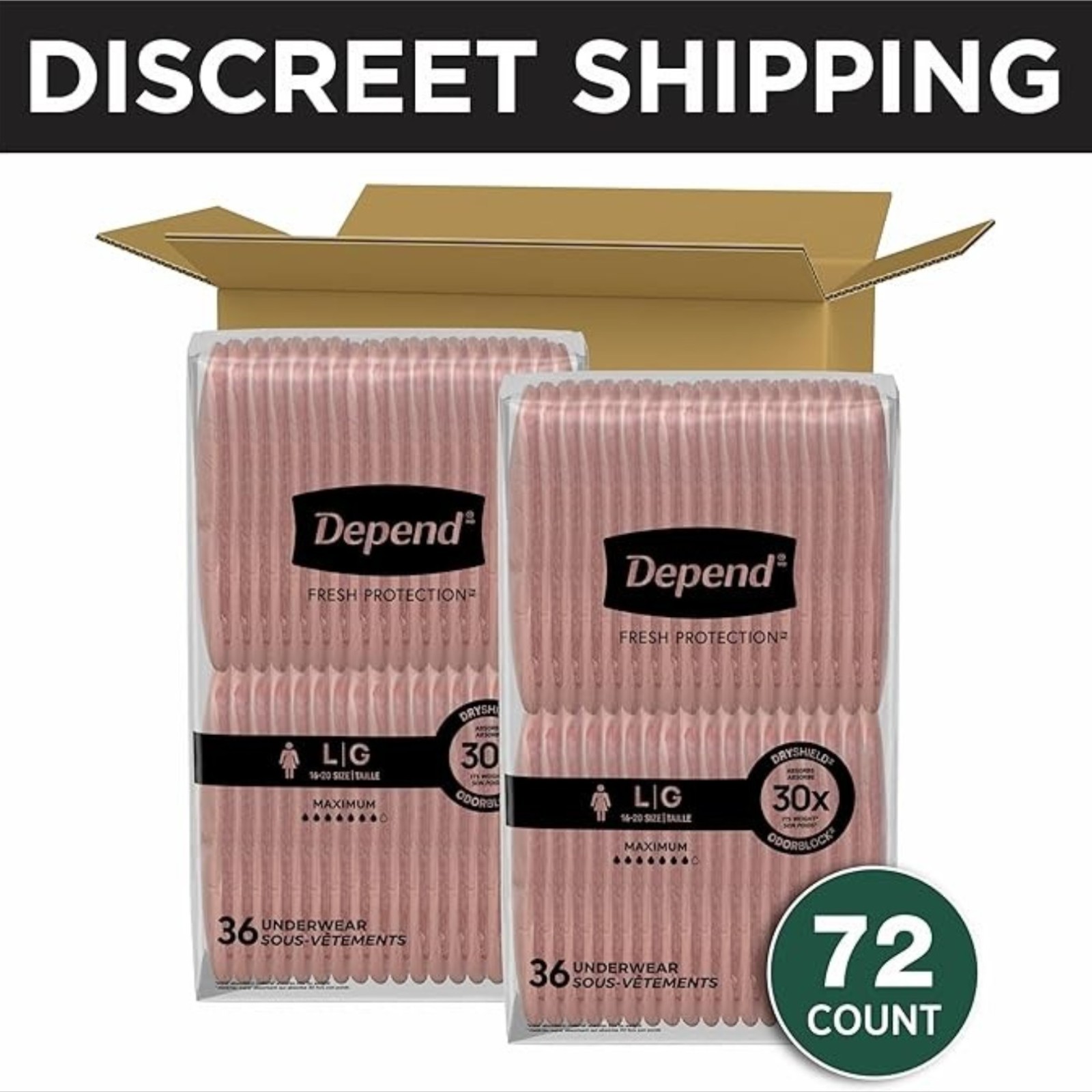Depend Fresh Protection Adult Incontinence & Postpartum Bladder Leak Underwear for Women, Disposable, Maximum, Large, Blush, 72 Count (2 Packs of 36), Packaging May Vary