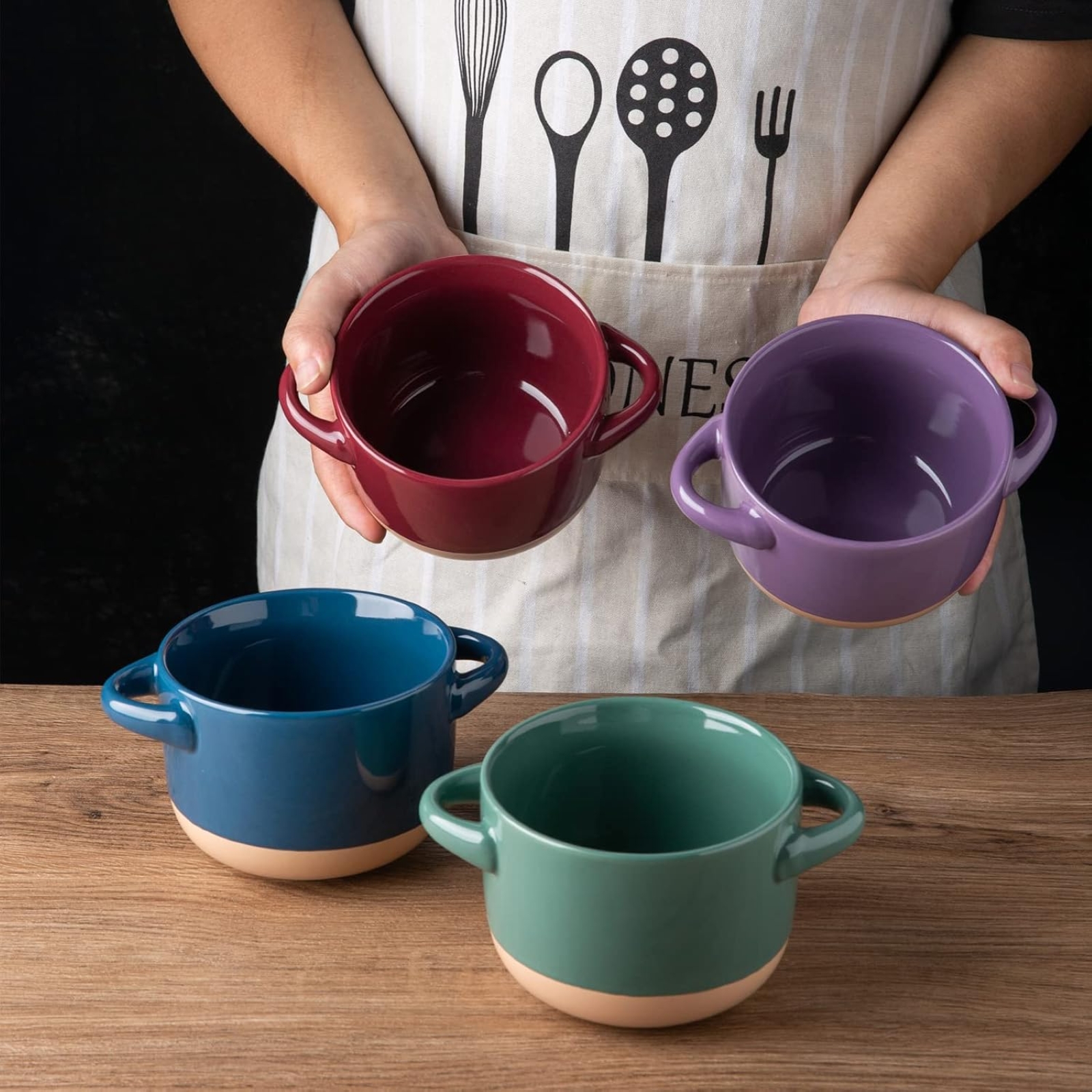 AmorArc 24 Ounces Soup Bowls with Large Handles and Lids, Stoneware Bowls Set of 4 for Soup, Cereal, Stew, Noodle, Colourful Ceramic Kitchen Bowls, Microwave&Dishwasher Safe, Multicolor
