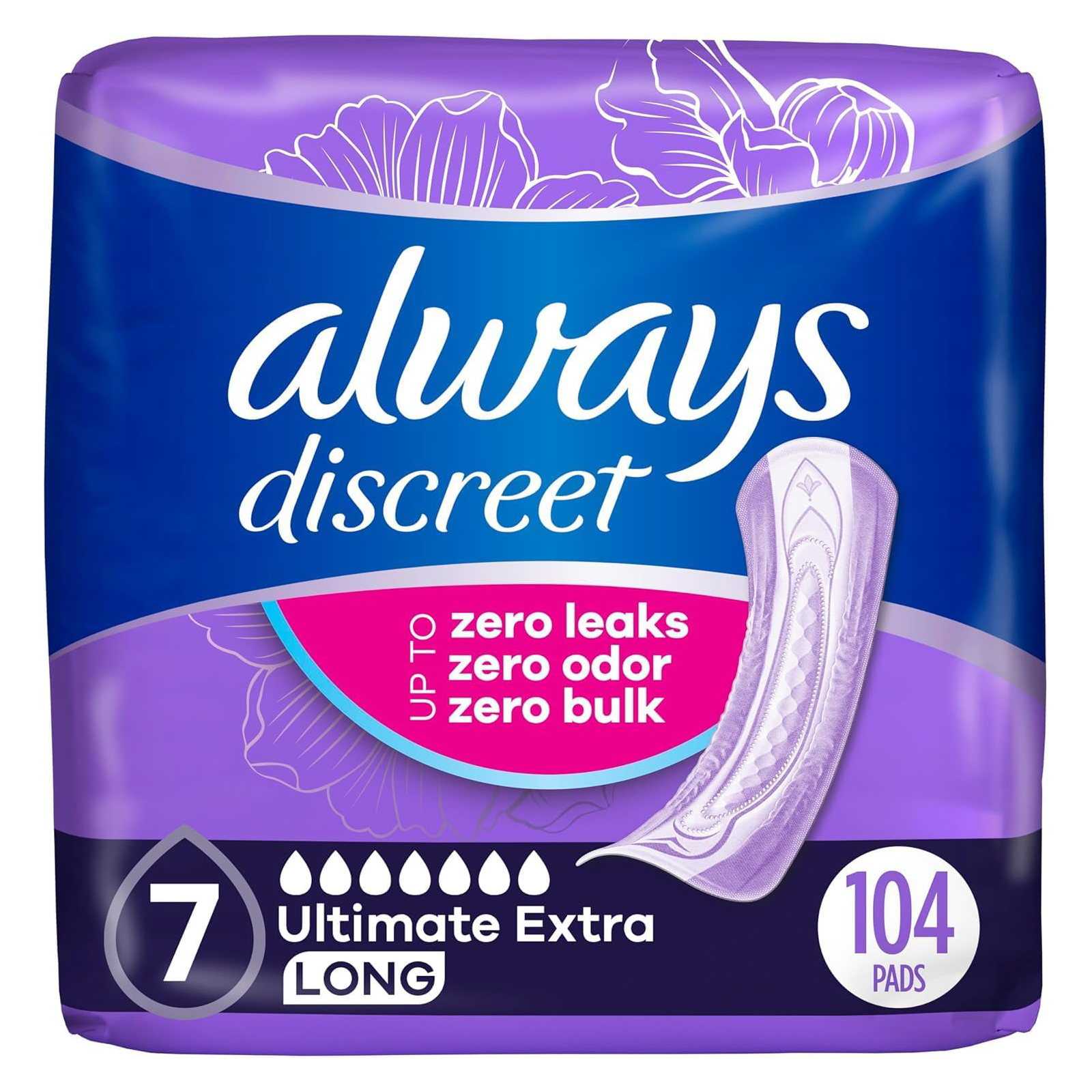 Always Discreet Adult Incontinence Pads for Women, Ultimate Extra Absorbency, Long Length, Postpartum Pads, 104 Count (Packaging May Vary)