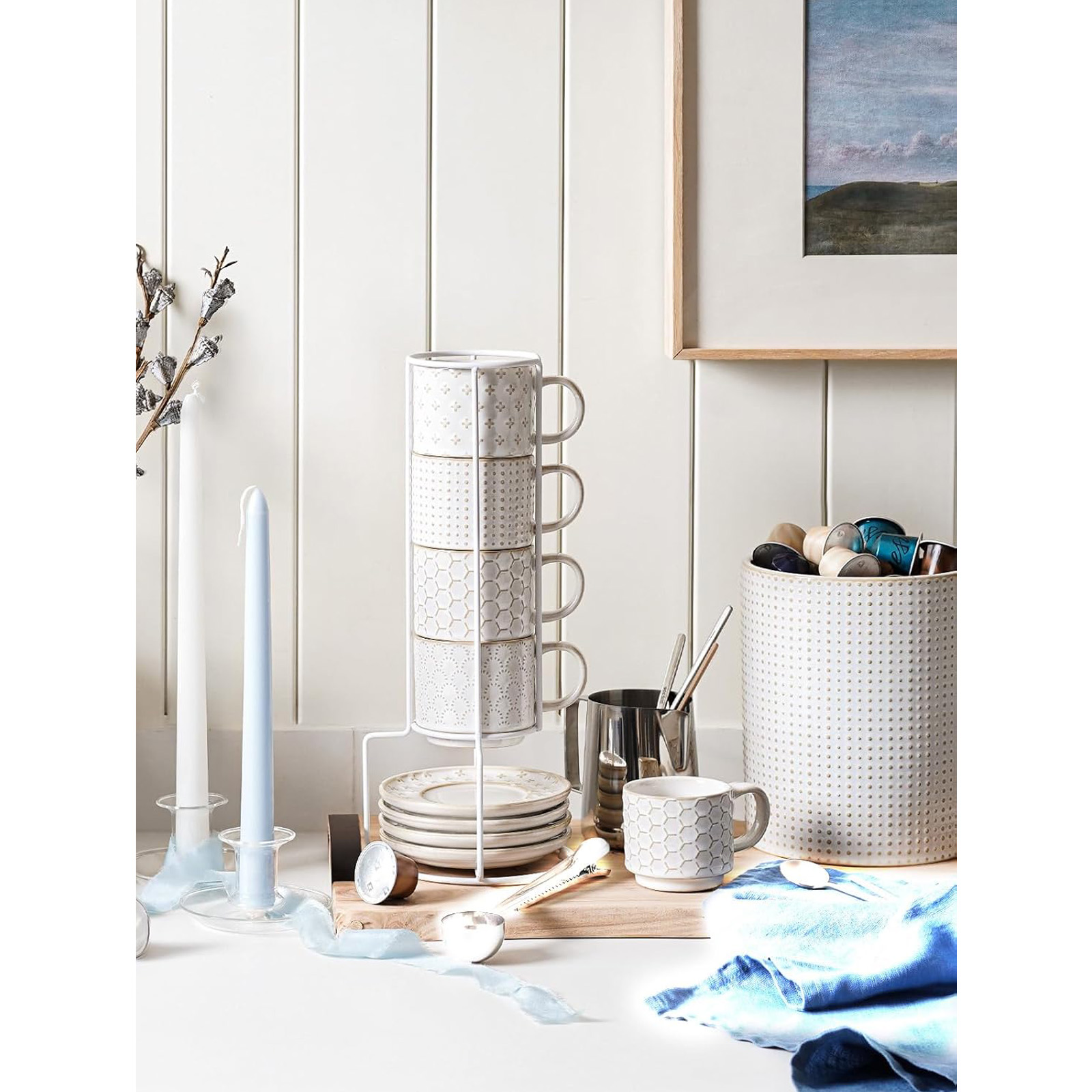 LE TAUCI Stackable Espresso Cups with Saucers and Stand, Set of 4, Arctic white