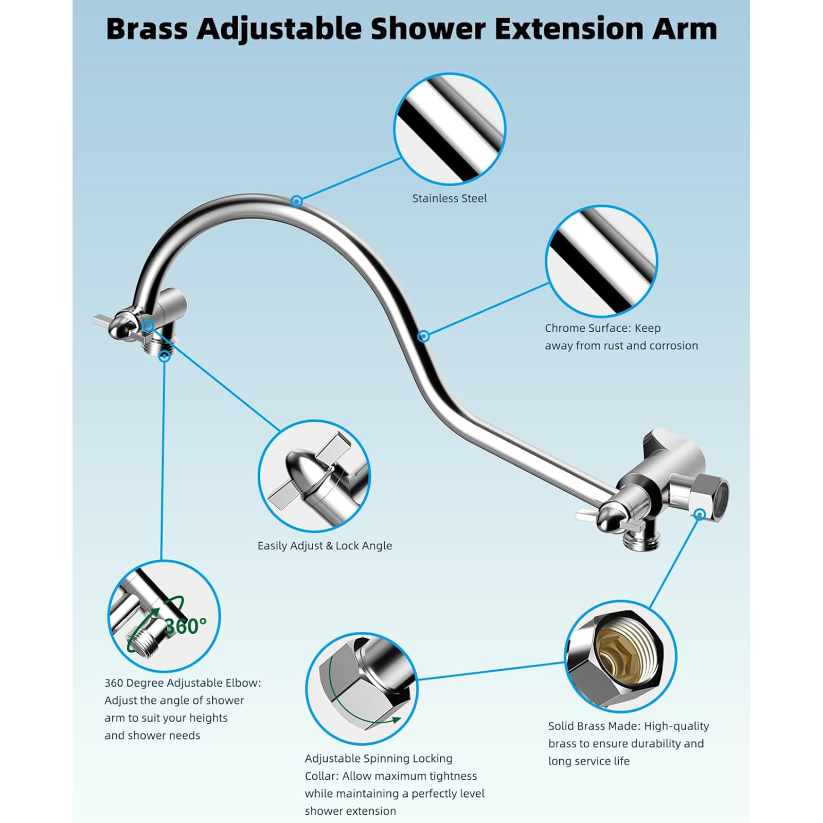Hibbent 12'' All Metal Shower Head, High Pressure Rainfall Shower Head, Handheld Showerhead Combo, 12'' Adjustable Curved Shower Extension Arm, 7-Spray, 71'' Hose, Adhesive Showerhead Holder, Chrome
