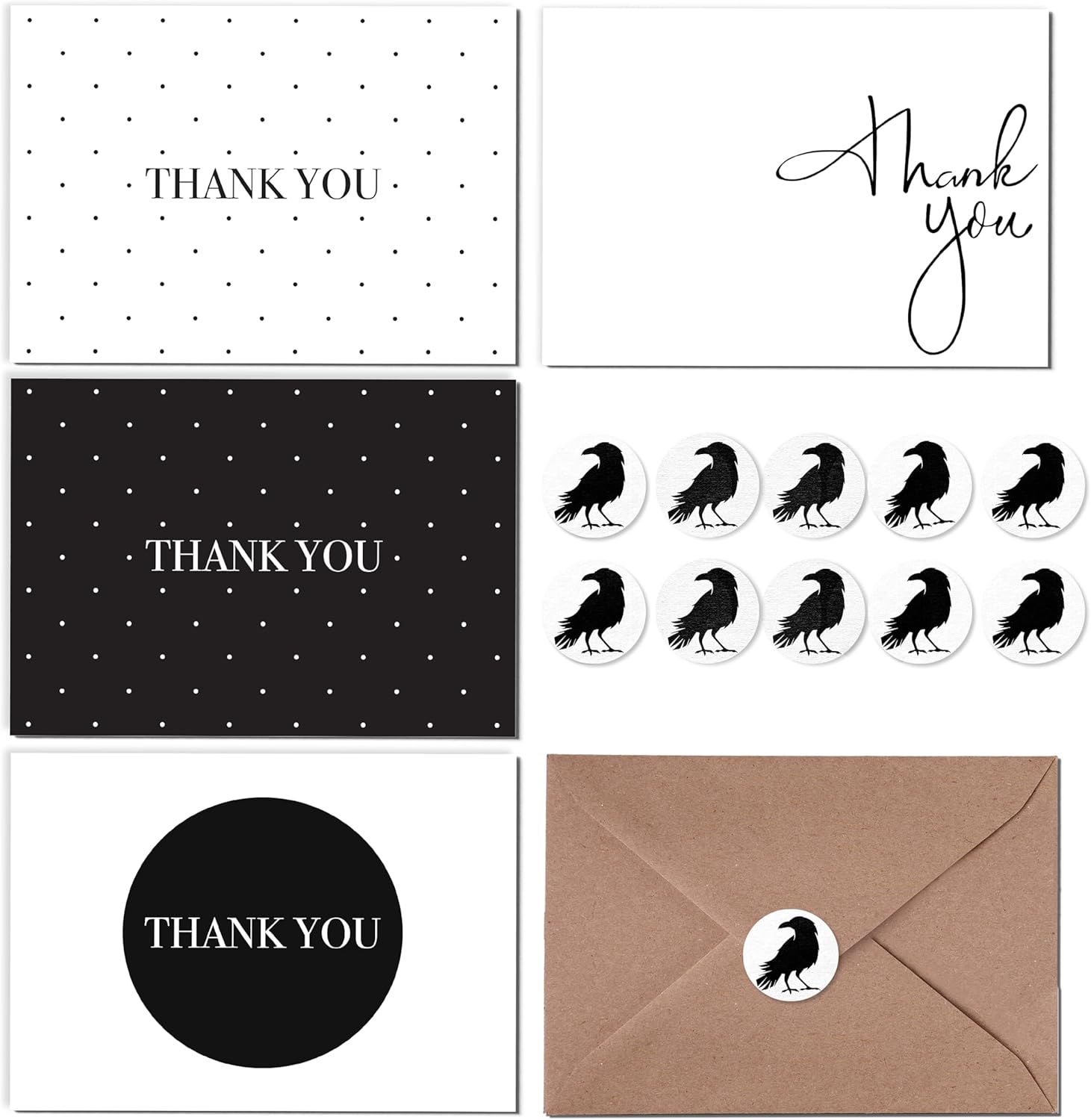 Thank you cards with kraft envelopes and stickers, pack of 100 psc, 4x6 inch, 4 designs, suitable for business, wedding, bridal & baby shower, funeral