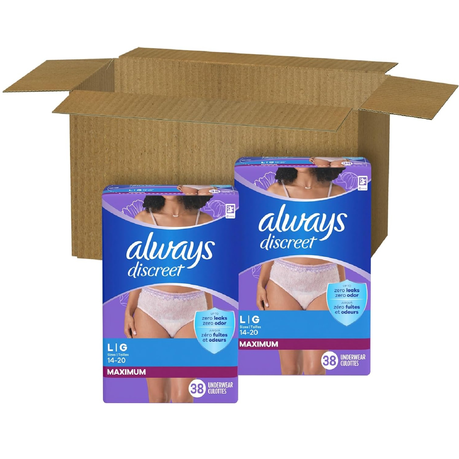 Always Discreet Adult Incontinence Underwear for Women and Postpartum Underwear, L, Up to 100% Bladder Leak Protection, 76 Count (Packaging May Vary)