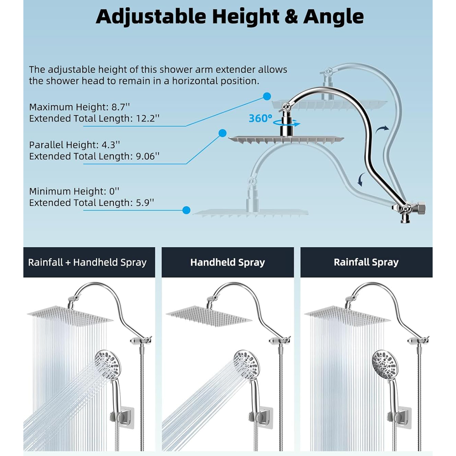 Hibbent 12'' All Metal Shower Head, High Pressure Rainfall Shower Head, Handheld Showerhead Combo, 12'' Adjustable Curved Shower Extension Arm, 7-Spray, 71'' Hose, Adhesive Showerhead Holder, Chrome