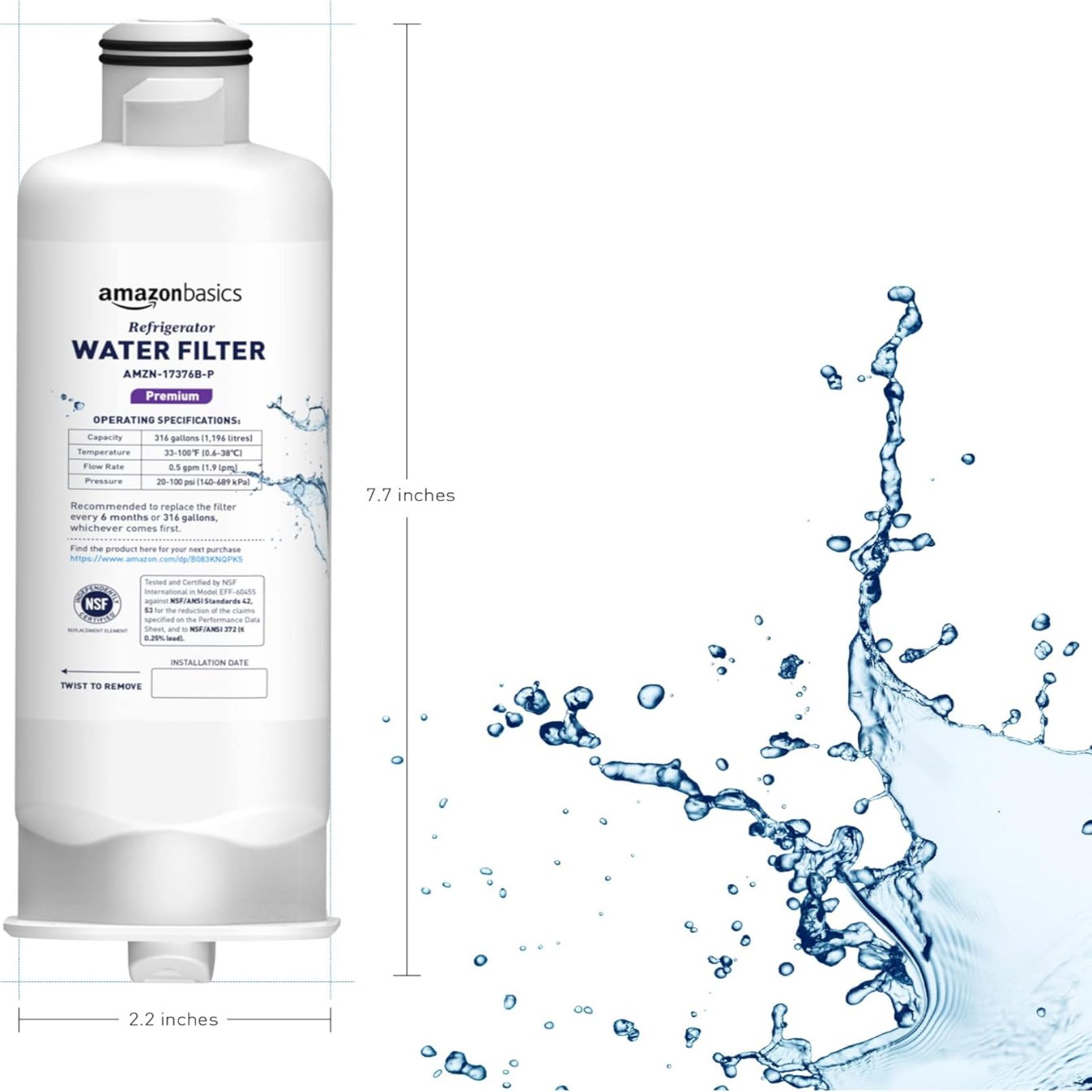 Amazon Basics Replacement Samsung DA97-17376B, HAF-QIN/EXP Refrigerator Water Filter, 1-Pack, Premium Filtration