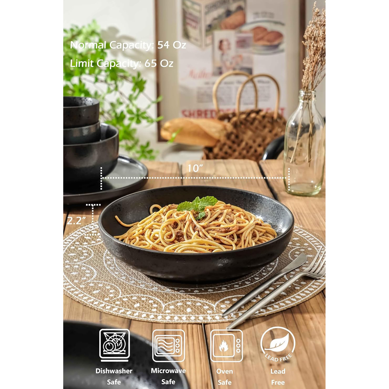 S&Q'S CERAMICS Large Pasta Bowls, 65 ounce Large Salad Bowls Set of 4, 10'' Ceramic Wide Shallow Bowl Plates, Large Serving Bowls for Fruit, Party Entertaining, Microwave Safe(Black and Grey)