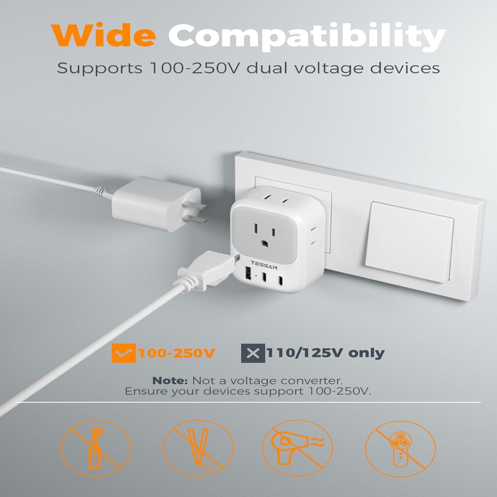 TESSAN Italy Travel Plug Adapter, Type L Adapter for Travel with 4 Outlets 3 USB (2 USB-C), Power Adaptor for US to Italy Chile Rome Uruguay Milan Libya