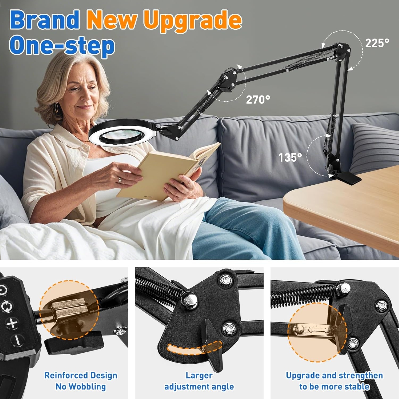 Ultra Long 3-Section Swing Arm 12X Magnifying Glass with Light and Stand, 4-way Large Strong Metal Clamp Lighted Magnifier Lamp, 5 Color Modes LED Magnifying Lamp for Workbench, Crafting, Hobby