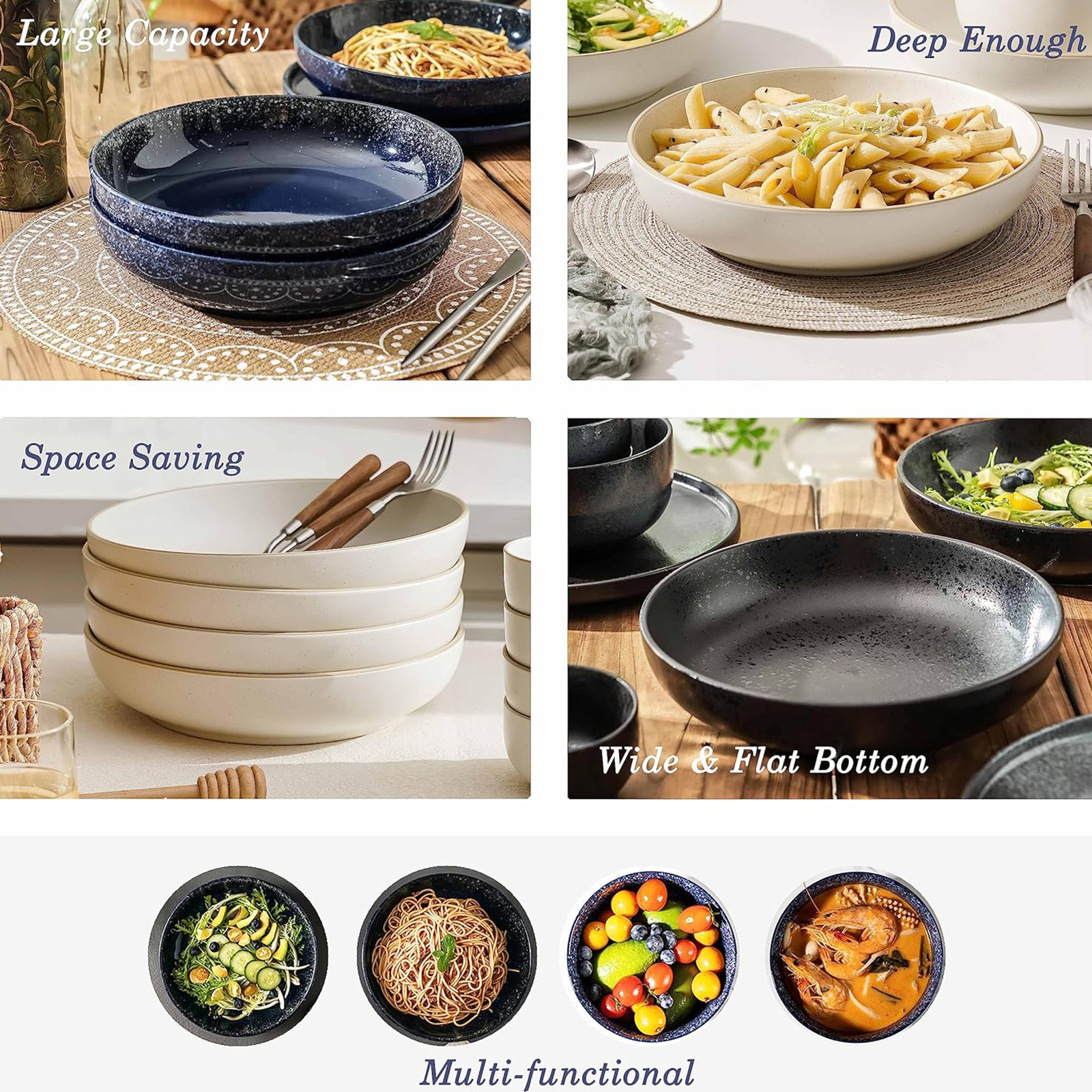 S&Q'S CERAMICS Large Pasta Bowls, 65 ounce Large Salad Bowls Set of 4, 10'' Ceramic Wide Shallow Bowl Plates, Large Serving Bowls for Fruit, Party Entertaining, Microwave Safe(Black and Grey)