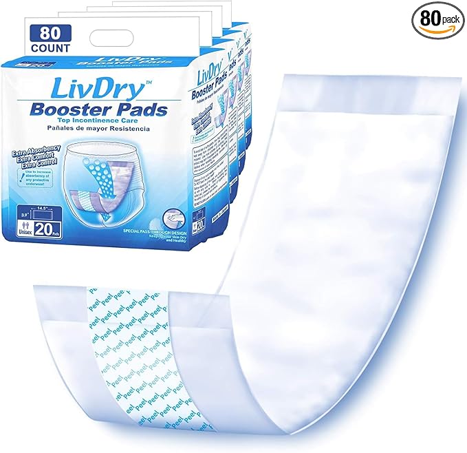 LivDry Incontinence Booster Pads, Use with Adult Diapers for Women and Men, Extra Comfort Softness, Disposable Pad (80 Count, Regular Length)