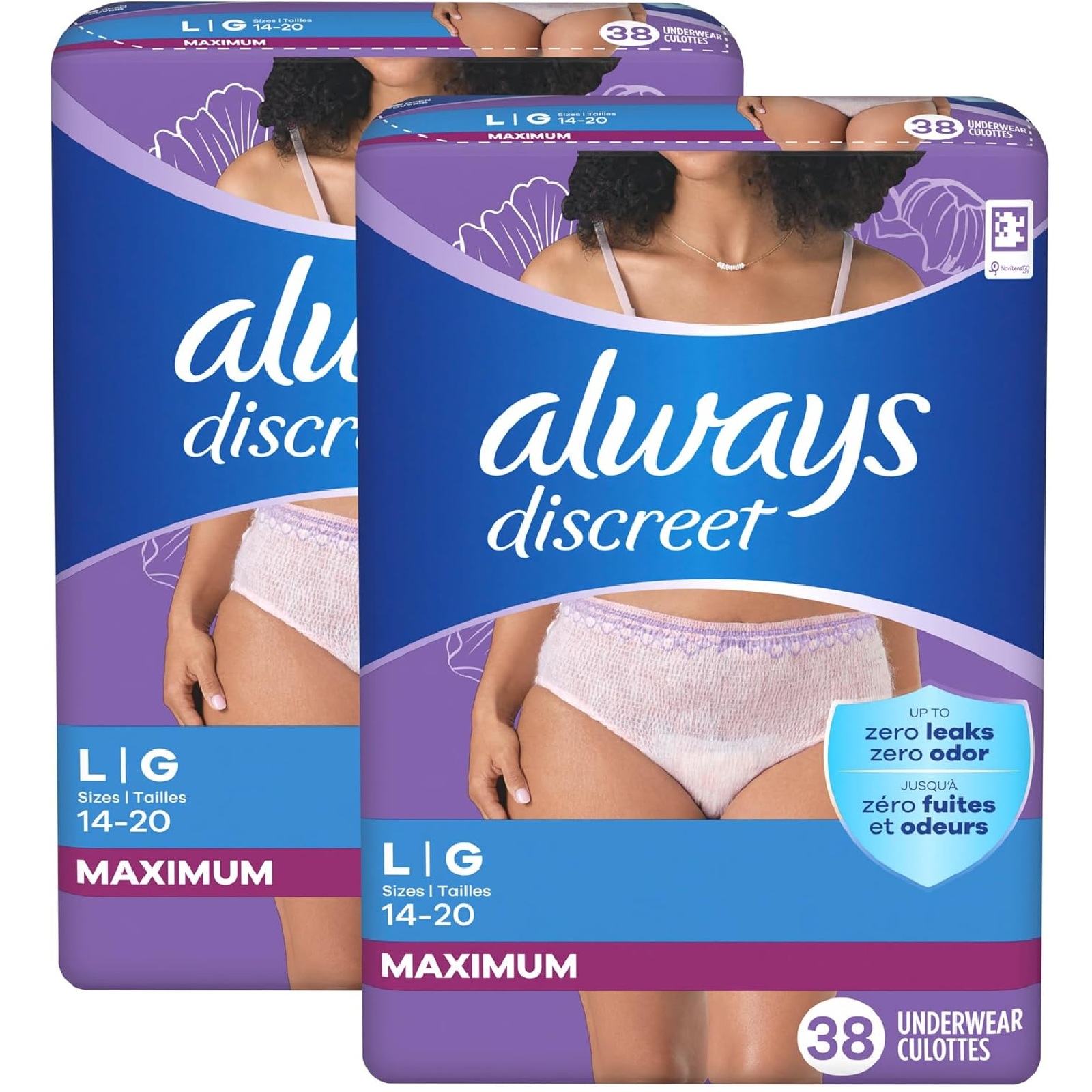 Always Discreet Adult Incontinence Underwear for Women and Postpartum Underwear, L, Up to 100% Bladder Leak Protection, 76 Count (Packaging May Vary)