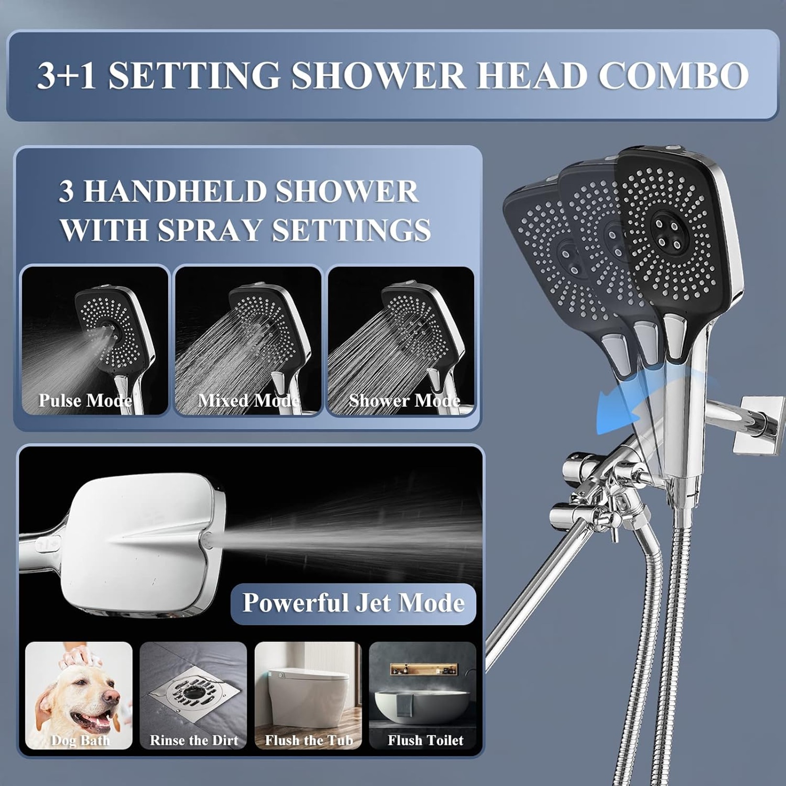 12 Inch Shower Head With Handheld Combo, High-Pressure Rain/Rainfall Shower Heads With 3+1 Settings Handheld Spray, Including 3-Way Diverter, Extension Arm - Height/Angle Adjustable(Chrome)