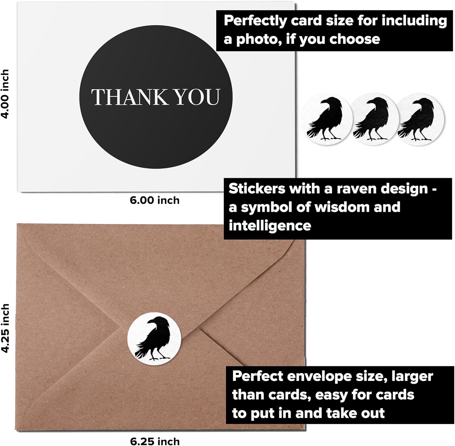 Thank you cards with kraft envelopes and stickers, pack of 100 psc, 4x6 inch, 4 designs, suitable for business, wedding, bridal & baby shower, funeral